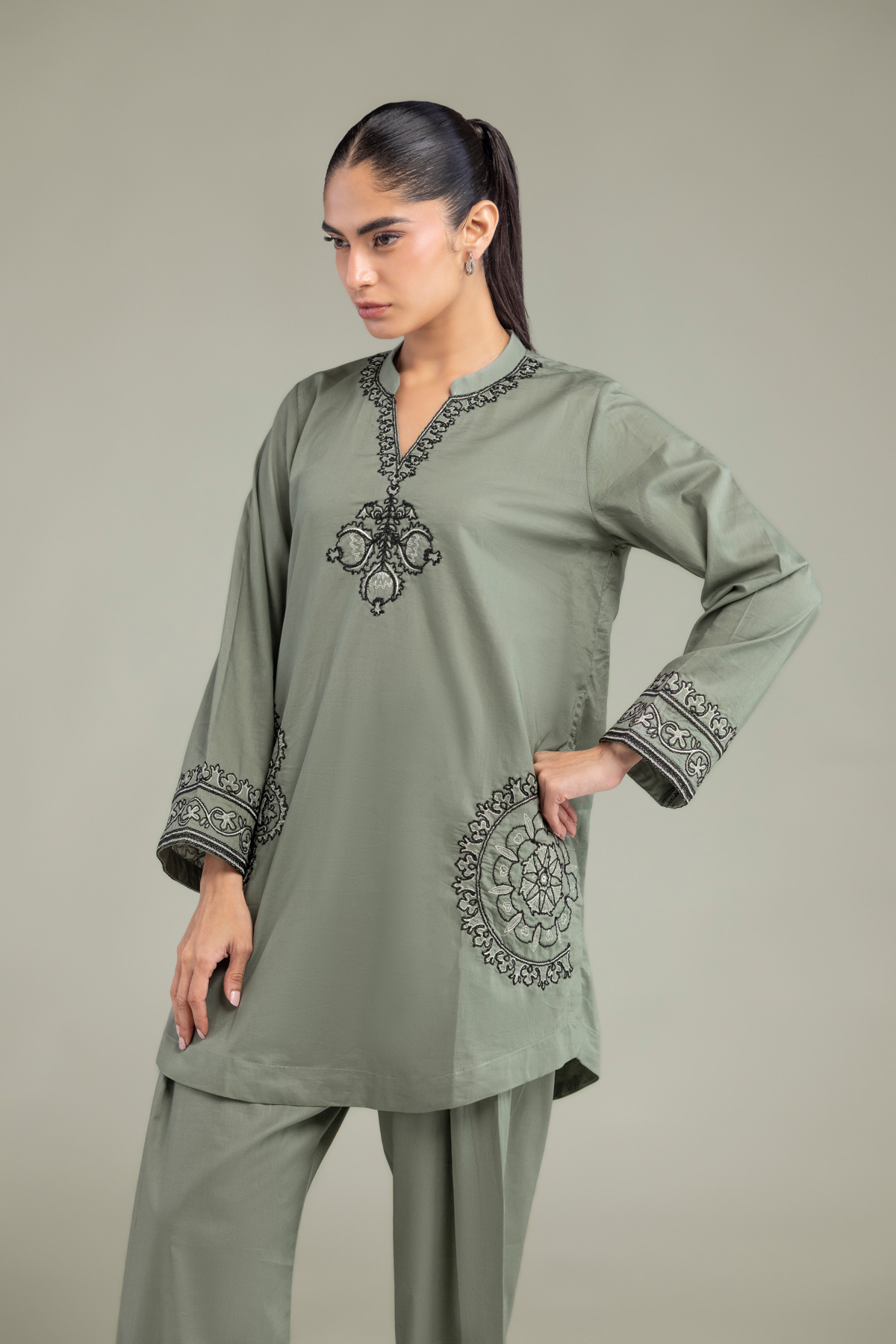 Embroidered Cambric Olive Cambric Kurta - A22-26-214FH1-VG