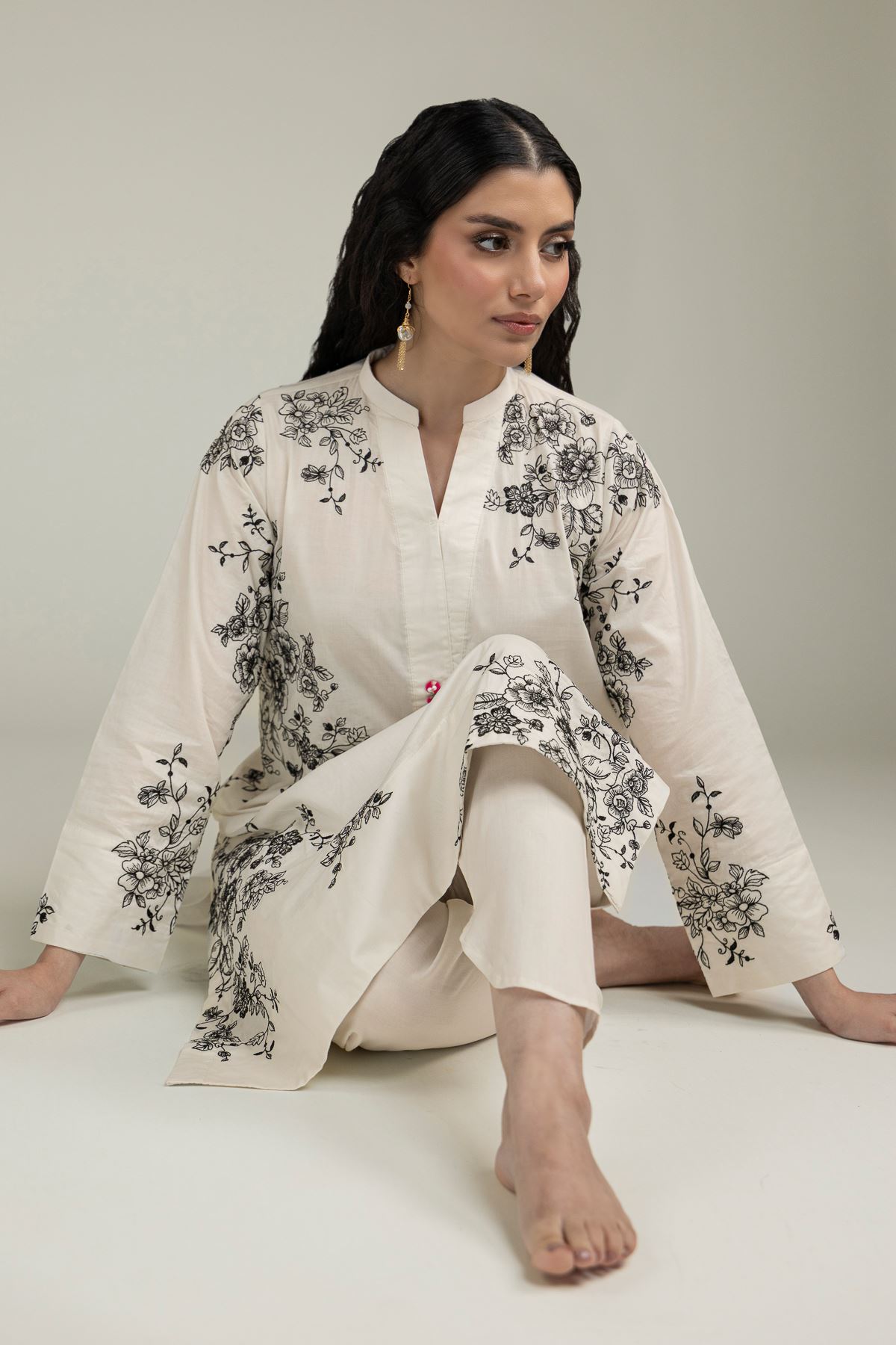 Embroidered Cambric Floral Longline Kurta - 1-26-231-A-F1-VG