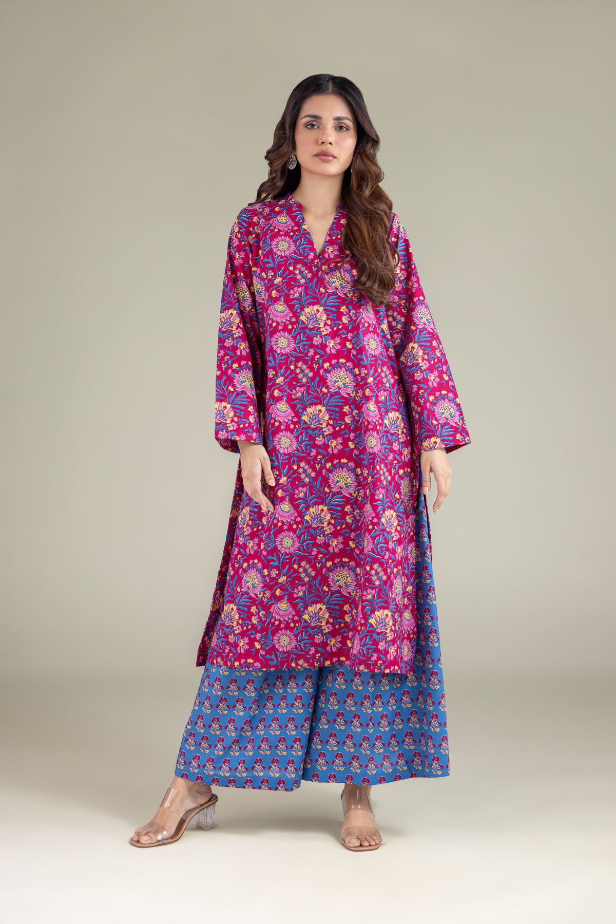 Printed Cambric Floral Longline Kurta - 5-26-102-F-A-VG