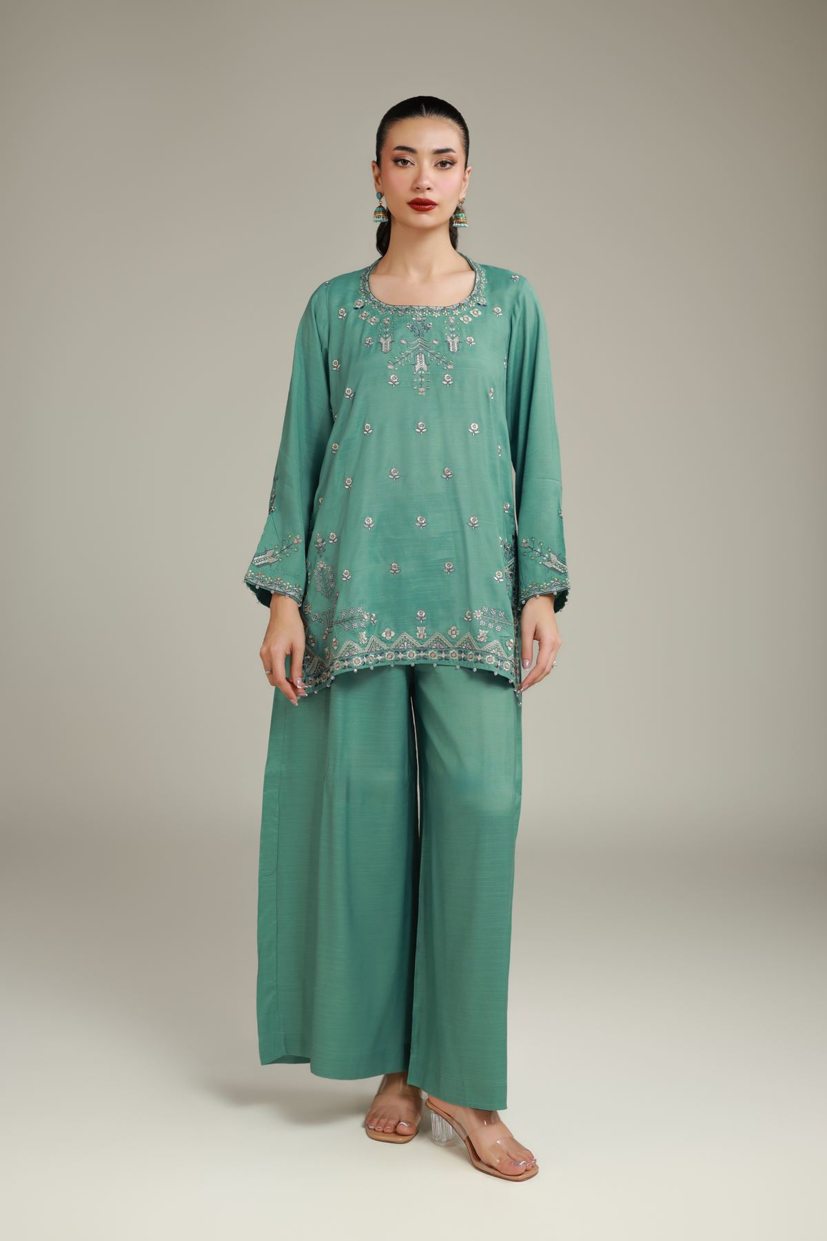 Embroidered Raw Silk Floral Drawstring Kurta - 25-09-10E2-09TB-VG