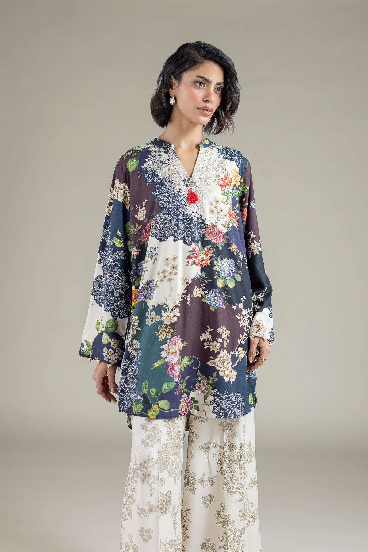 Embroidered Marina Floral Tassel Kurta - 25-10-11E12-03TB-VG