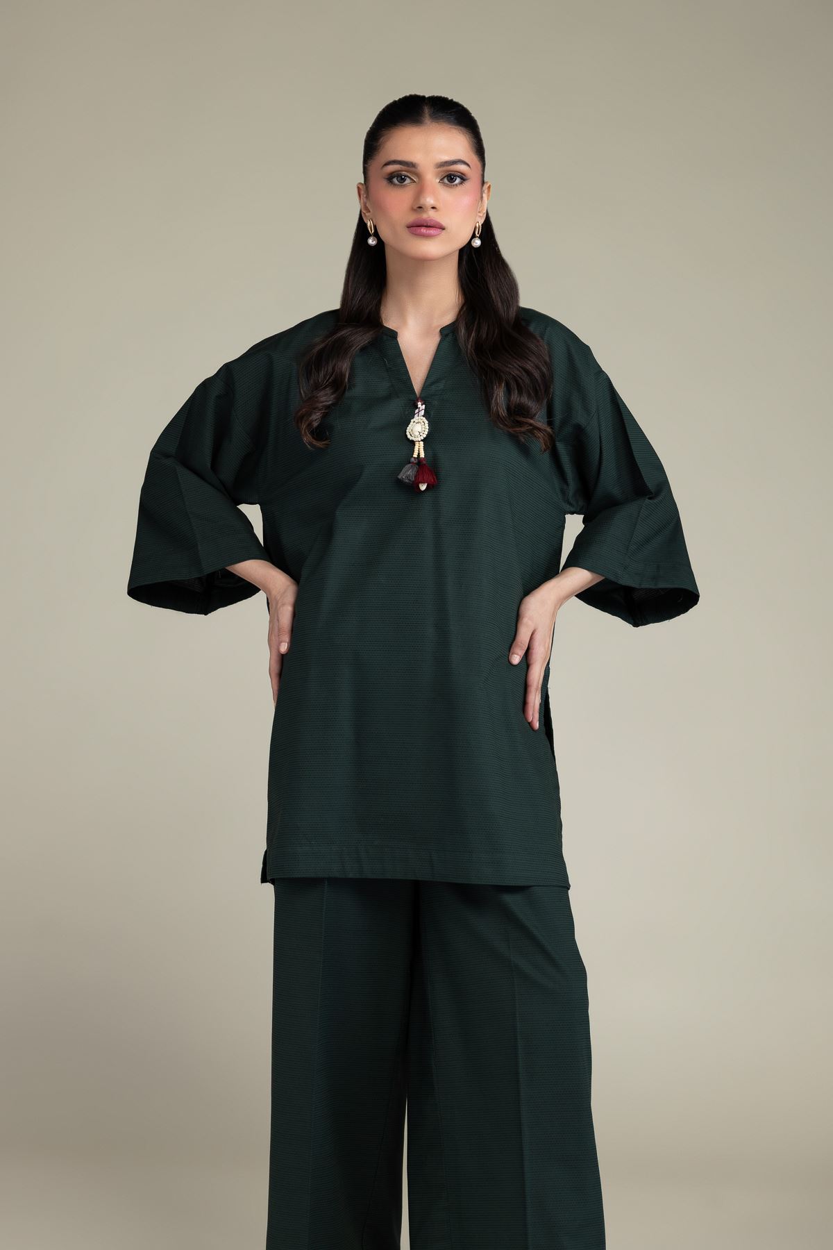 Dyed Textured Cotton Viscose V-Neck Cotton Kurta - 1-26-131-A-B-VG