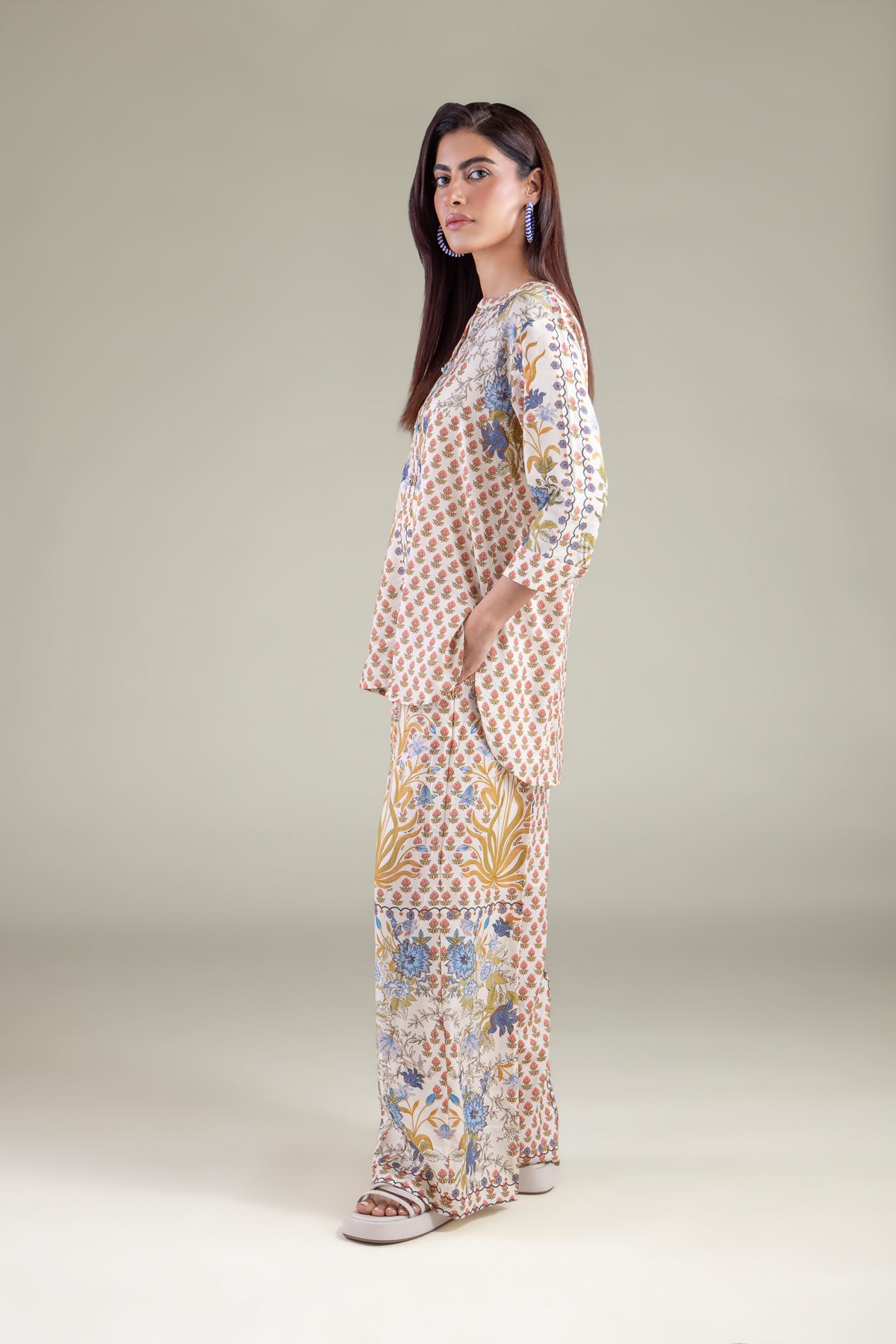 Embroidered Textured Weave Trousers - 6-26-101-A-F-VG