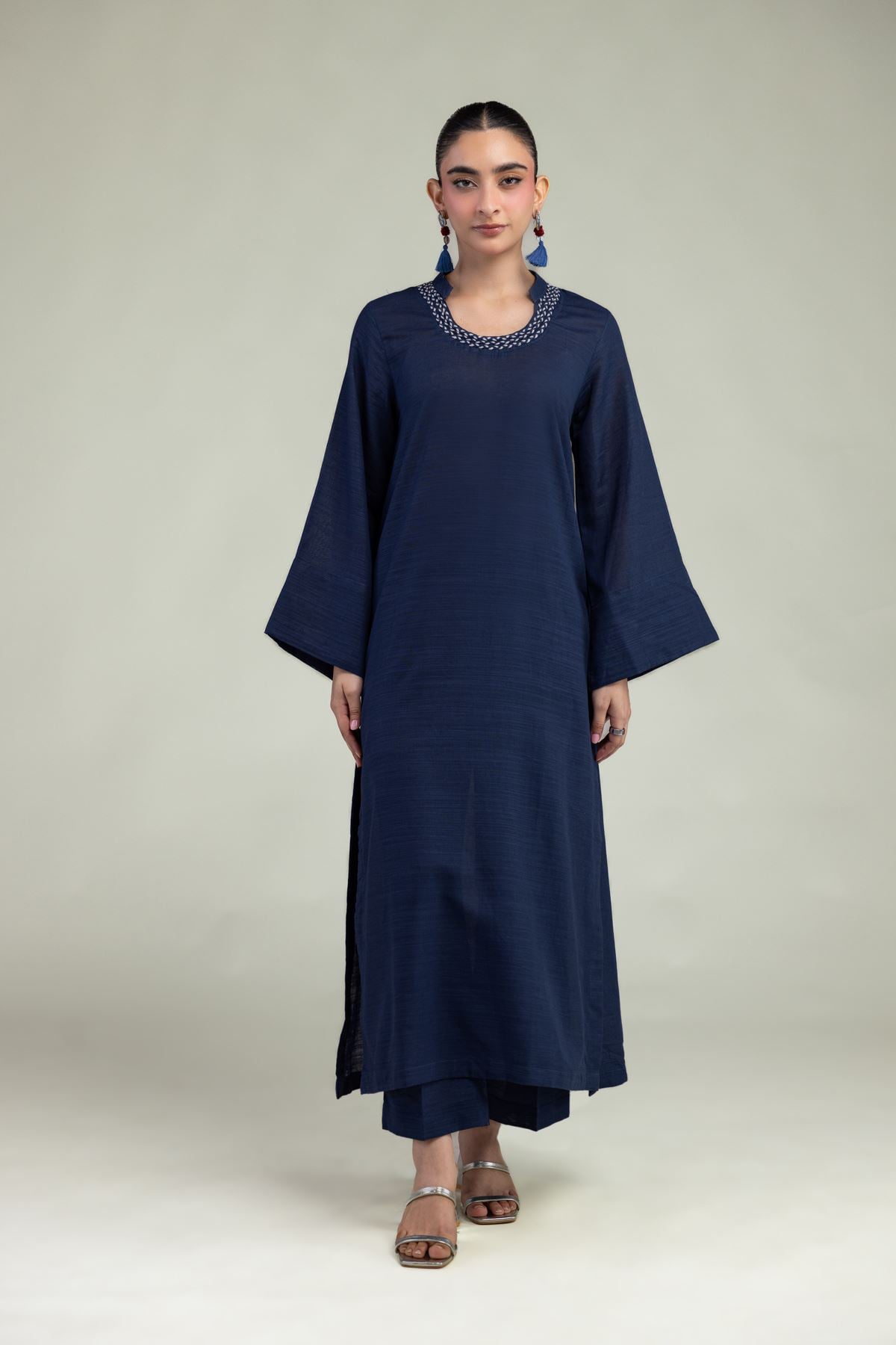 Dyed Textured Cotton Navy Round-Neck Kurta - 12-26-106-F-D-VG