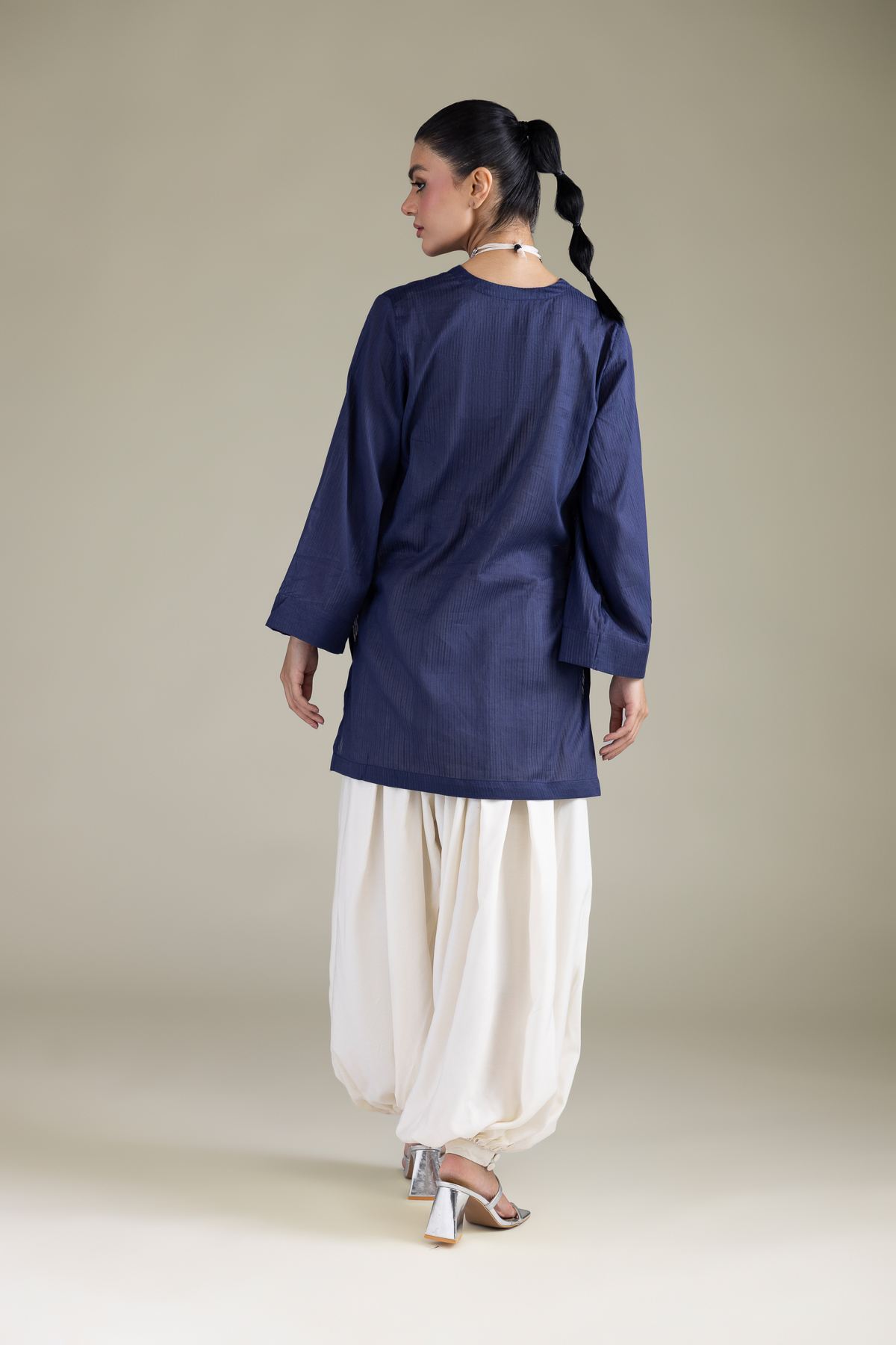 Dyed Cotton Dobby Navy V-Neck Kurta - 25-10-12E6-07TA-VG
