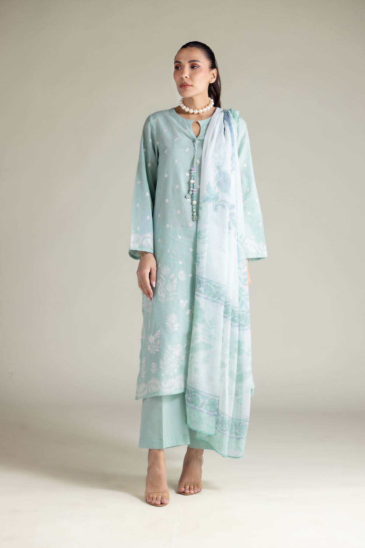 Embroidered Textured Cotton Tailored 3 Piece - T-A22-26-207FB1-VG