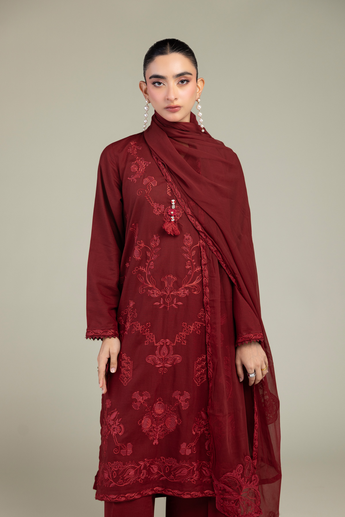 Embroidered Chiffon Maroon Chiffon Dupatta - 1-26-309-B-D1-VG
