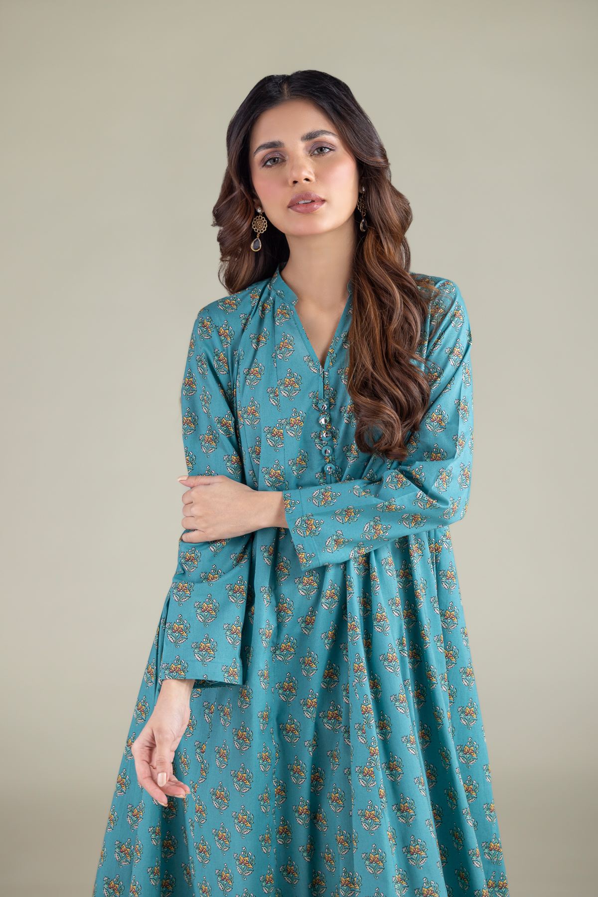 Printed Cambric Floral V-Neck Kurta - 1-26-140-A-H-VG