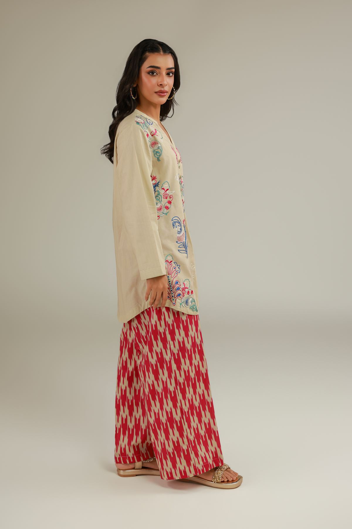 Embroidered Cotton Dobby Red Summer Pants - 1-26-122-A-D-VG