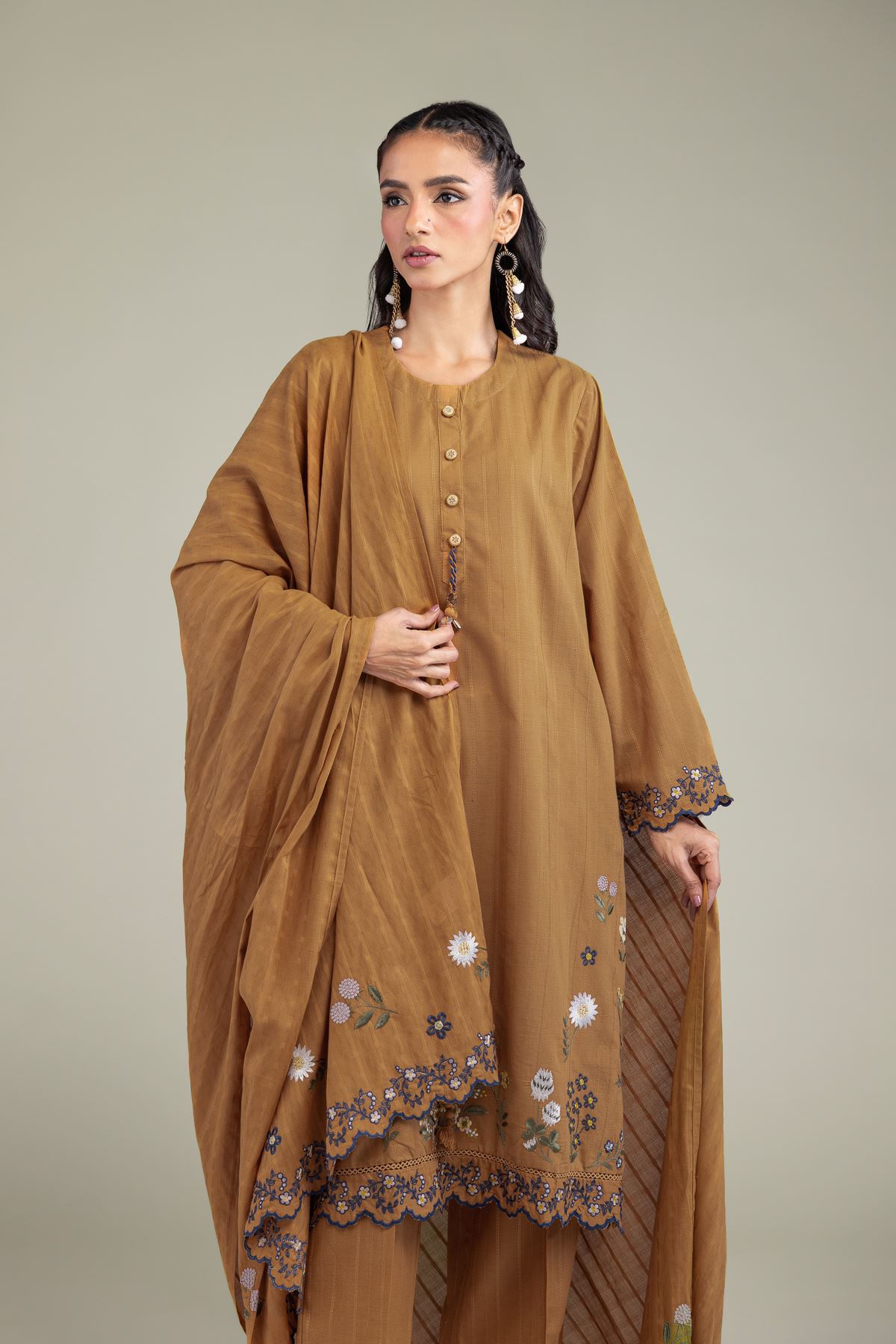 Embroidered Textured Cotton Floral Cotton Dupatta - 1-26-131-A-B-VG