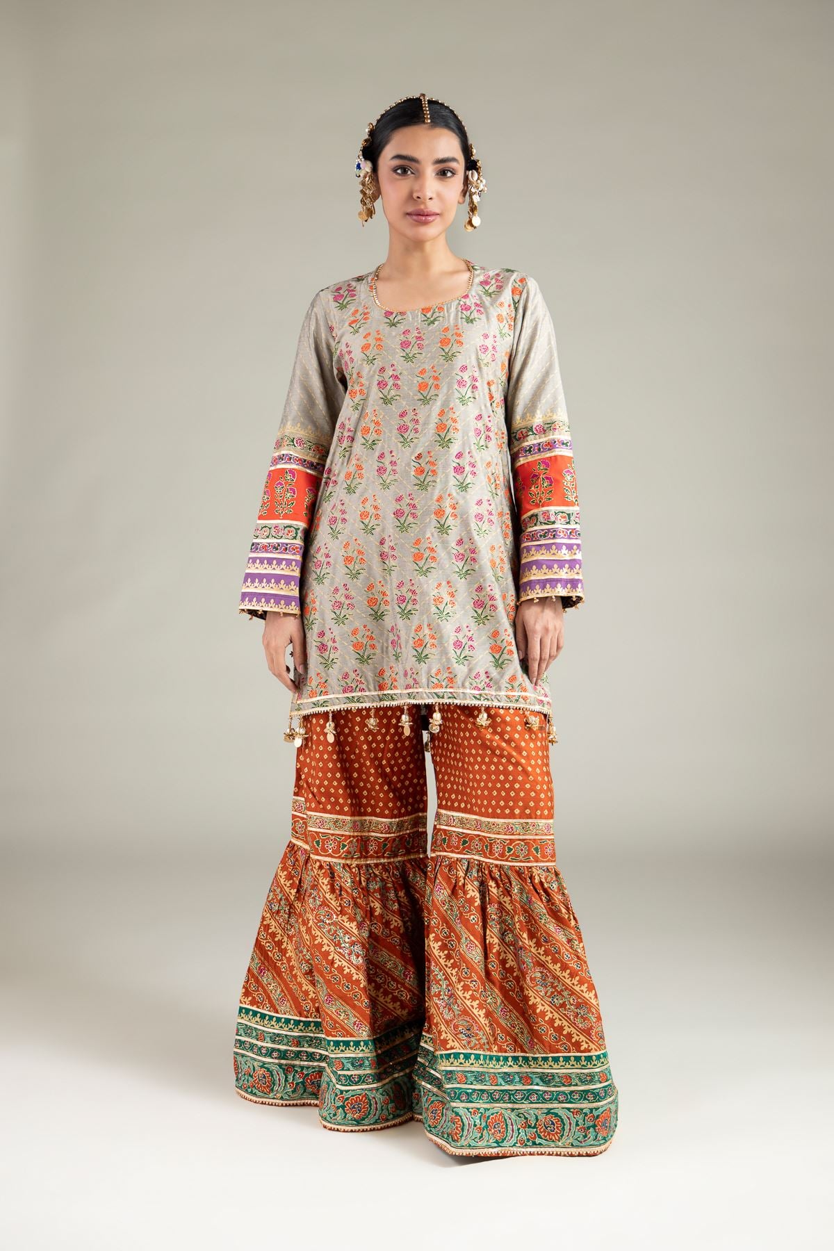Printed Raw Silk 3 Piece Co-ord Set - 5-26-103-F-F-VG