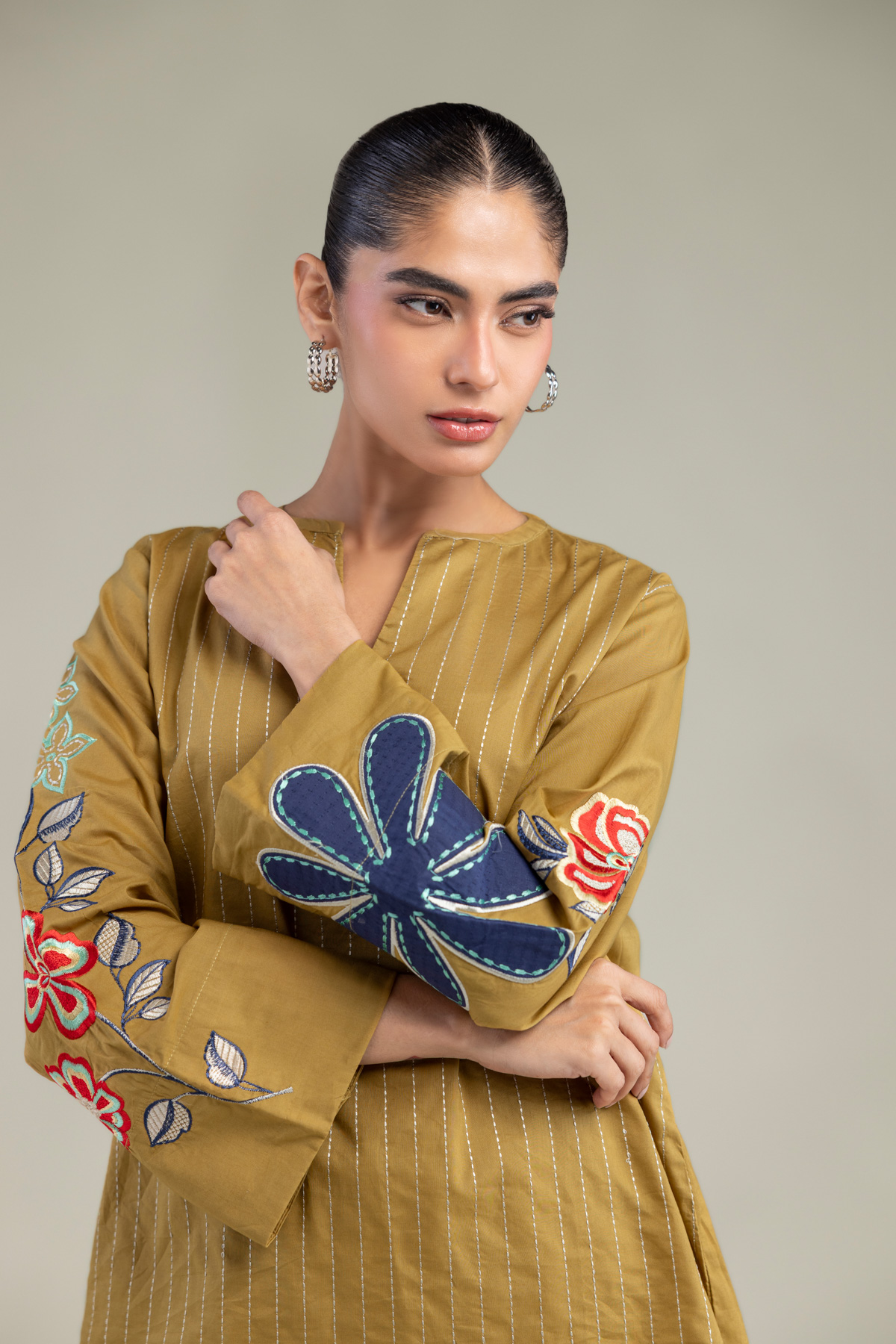 Embroidered Cambric Mustard V‑Neck Tunic - 1-26-102-A-F-VG