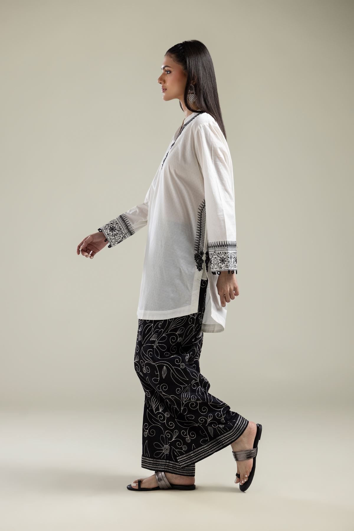 Embroidered Cotton Dobby Floral Black Pants - 1-26-134-A-D-VG