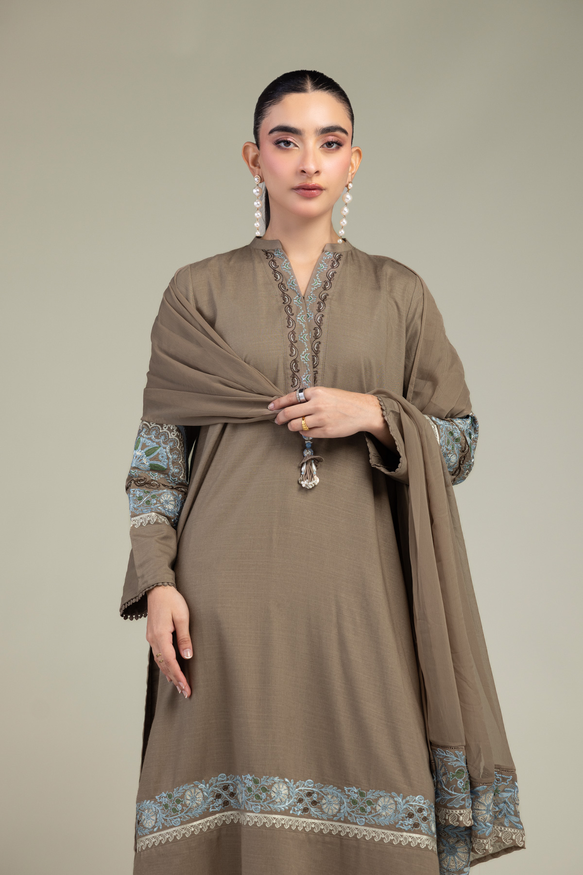 Embroidered Chiffon Brown Floral Dupatta - 1-26-309-B-D1-VG
