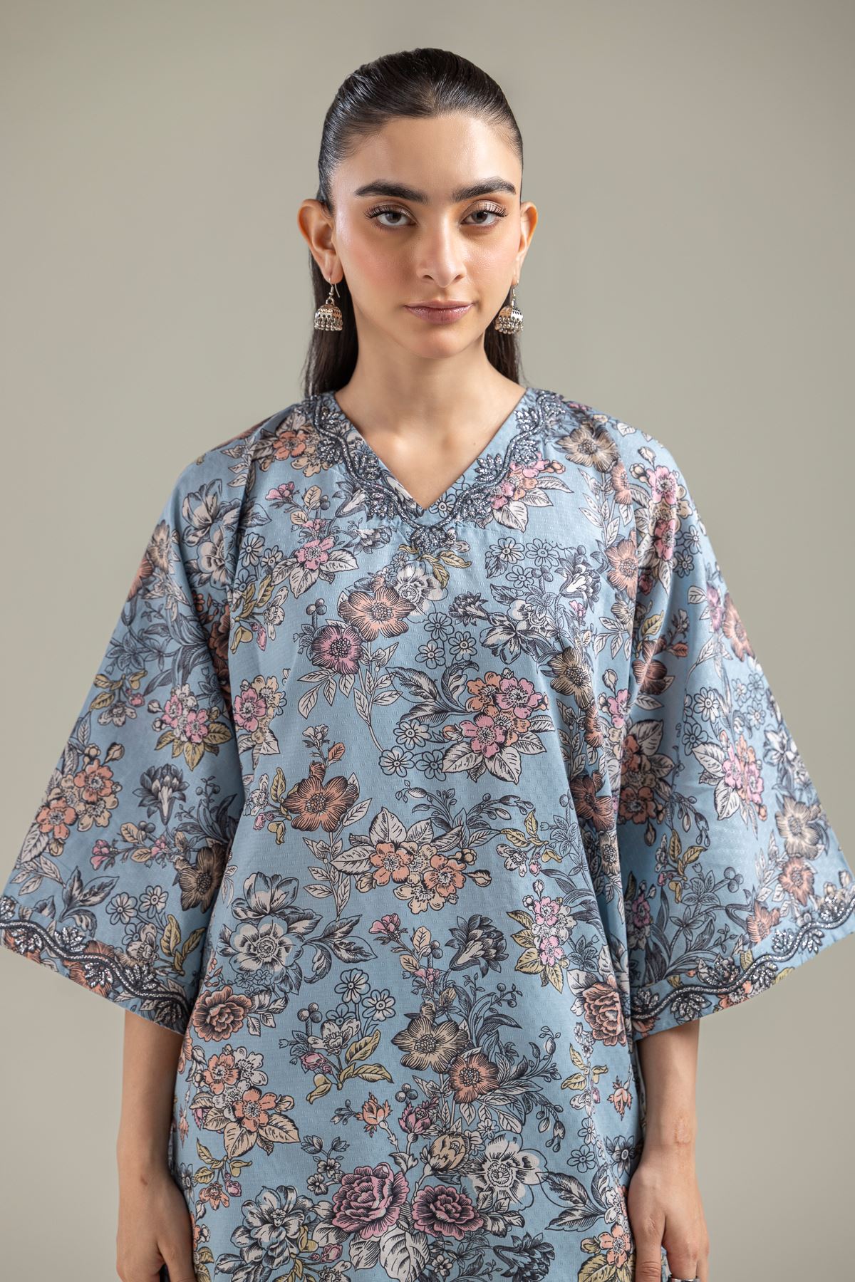 Embroidered Cotton Dobby Blue Longline Kurta - 2-26-107-A-F-VG
