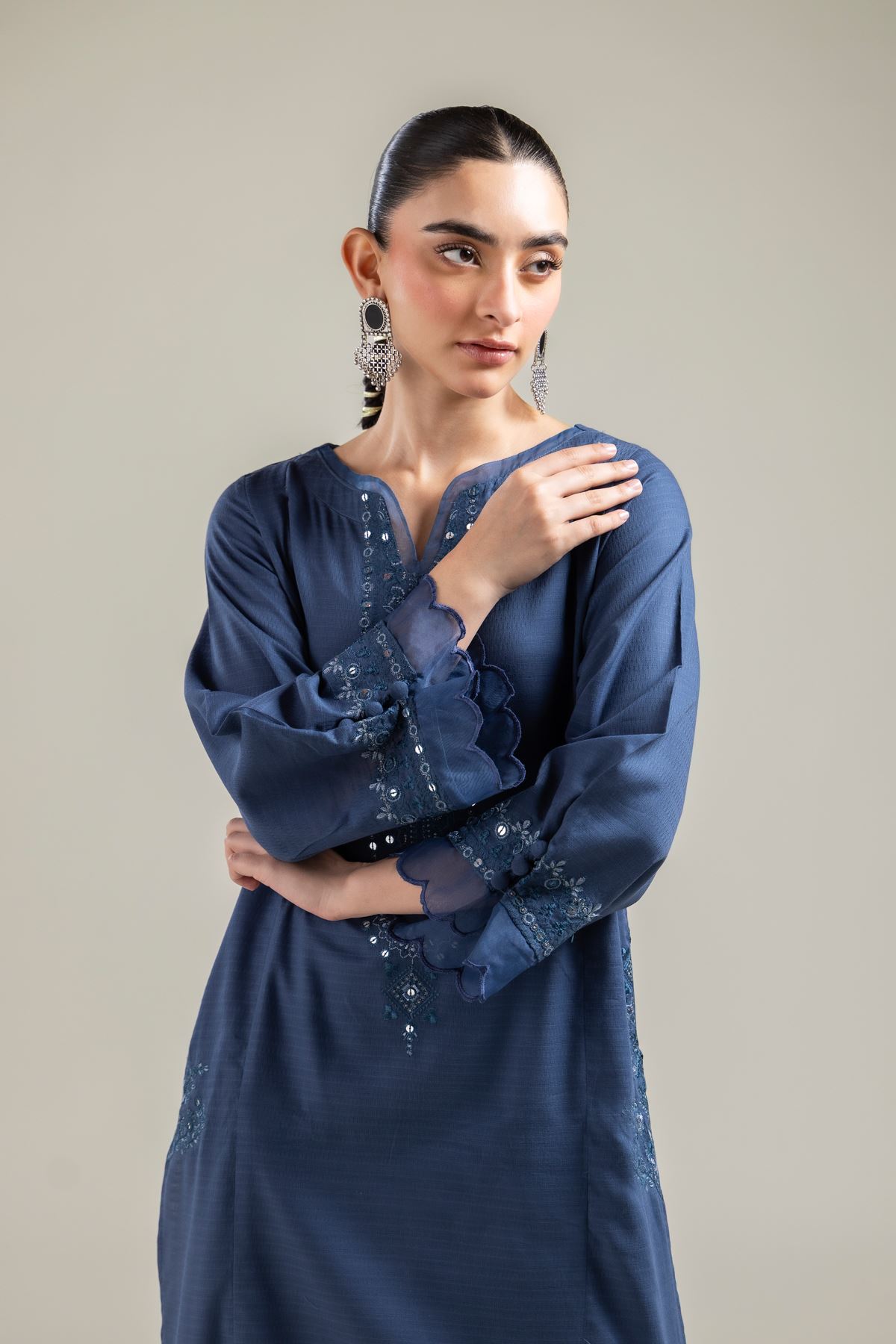 Embroidered Cotton Dobby Long Navy Kurta - T-A22-26-122FI1-VG