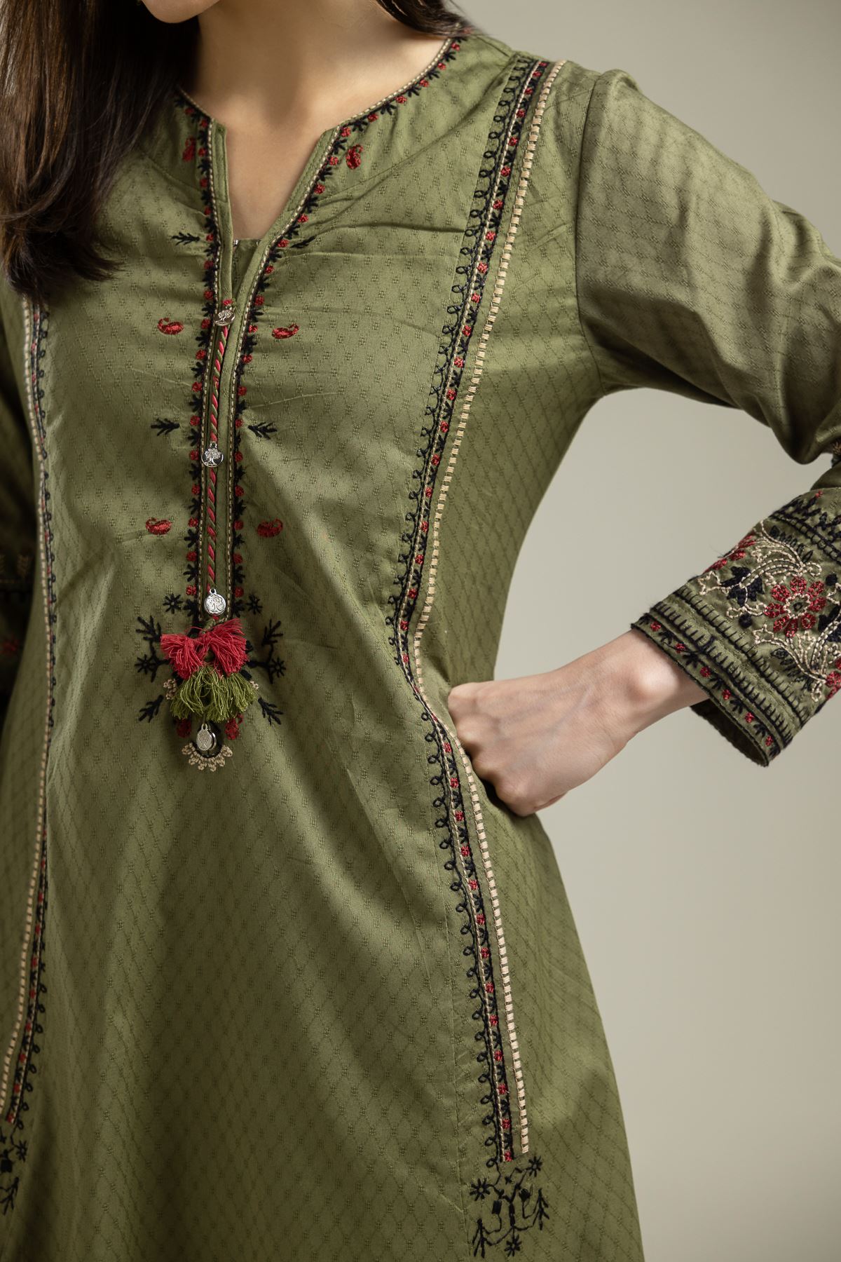 Embroidered Cotton Dobby Olive Floral Kurta - T-A112-26-106EC1-VG