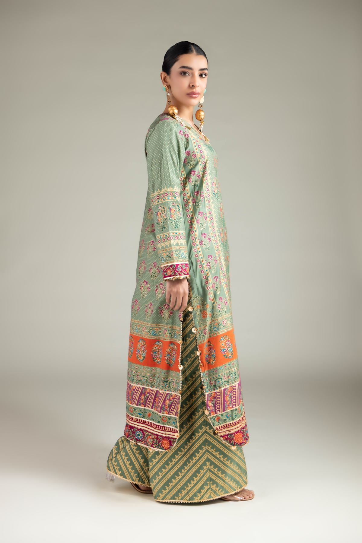 Printed Raw Silk 3 Piece Co-ord Set - 25-09-10E2-07TB-VG