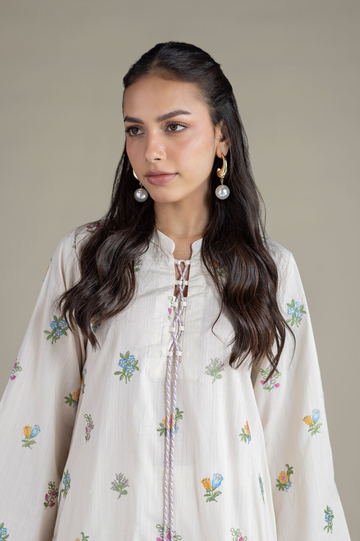 Embroidered Textured Cambric Floral Threadwork Kurta - 1-26-108-A-F-VG