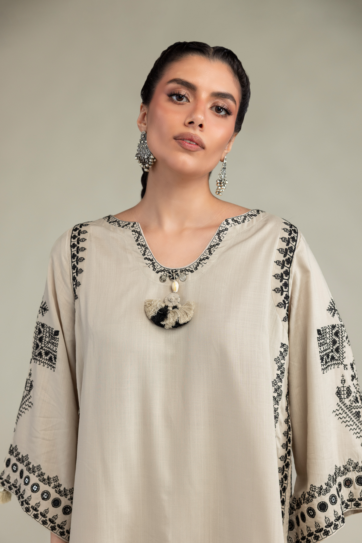Embroidered Raw Silk Short Beige Kurta - 1-26-309-B-D1-VG