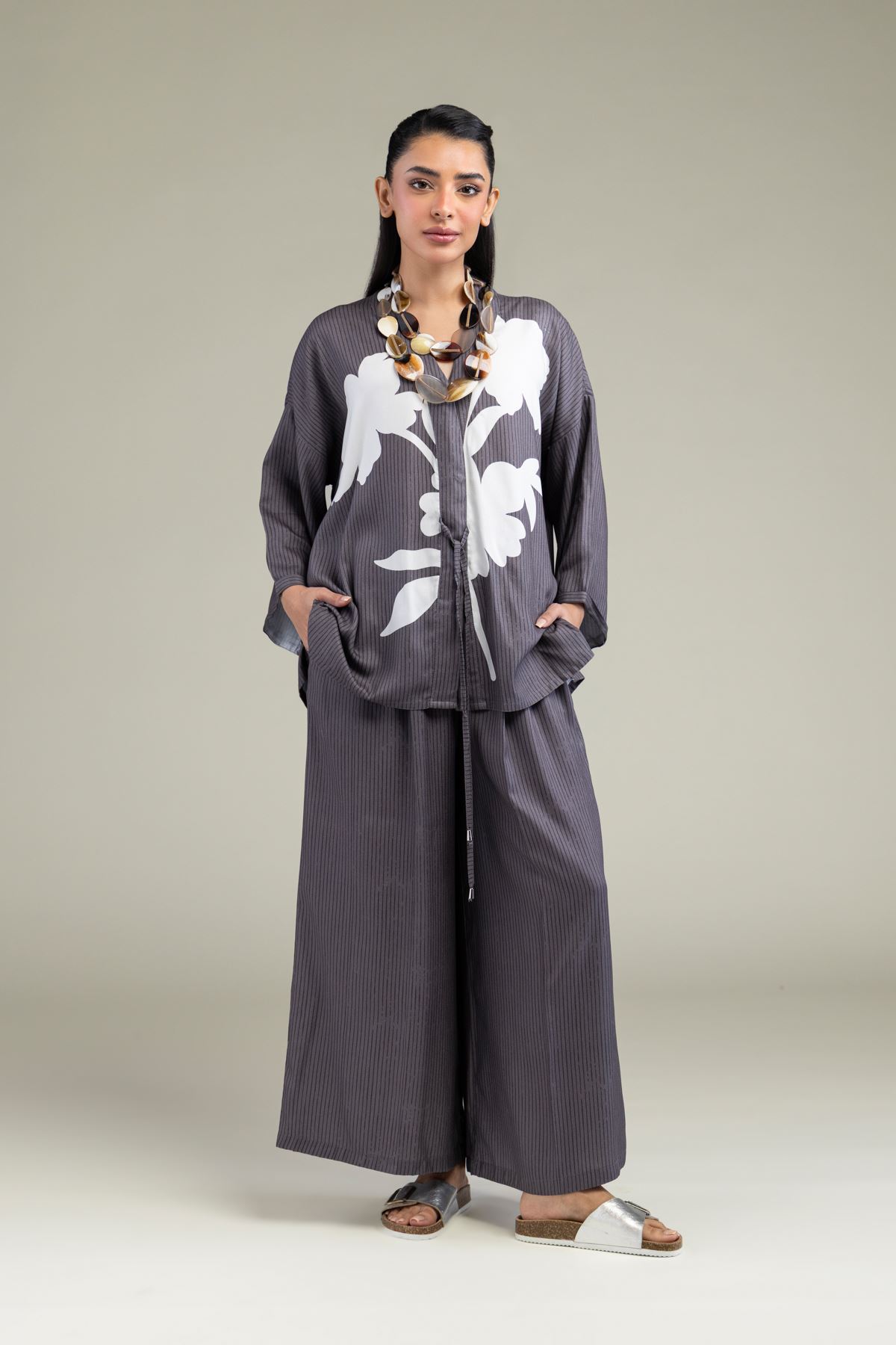 Printed Viscose Crepe Gray Viscose Trousers - 6-26-206-B-B1-VG