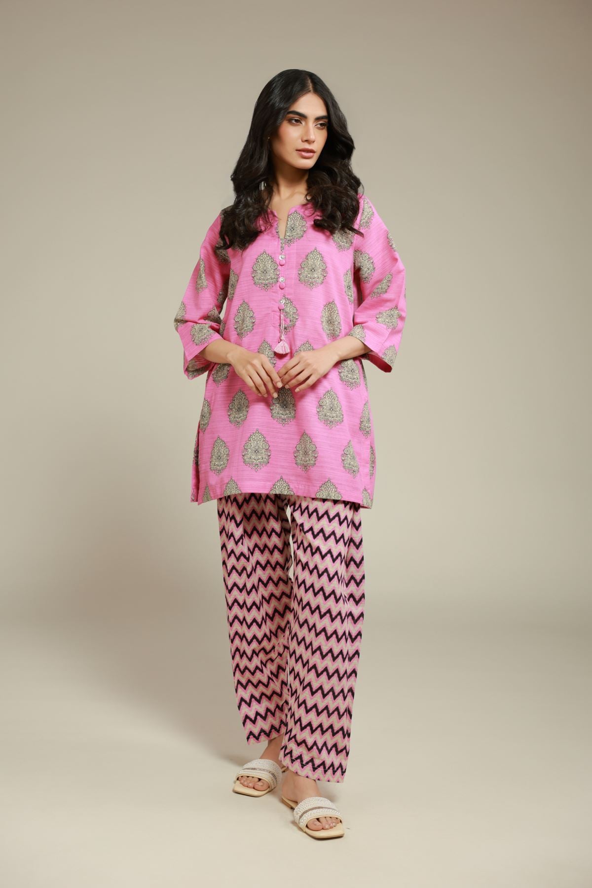 Printed Textured Cotton Mughal Motif Kurta - 25-10-12E11-07TA-VG