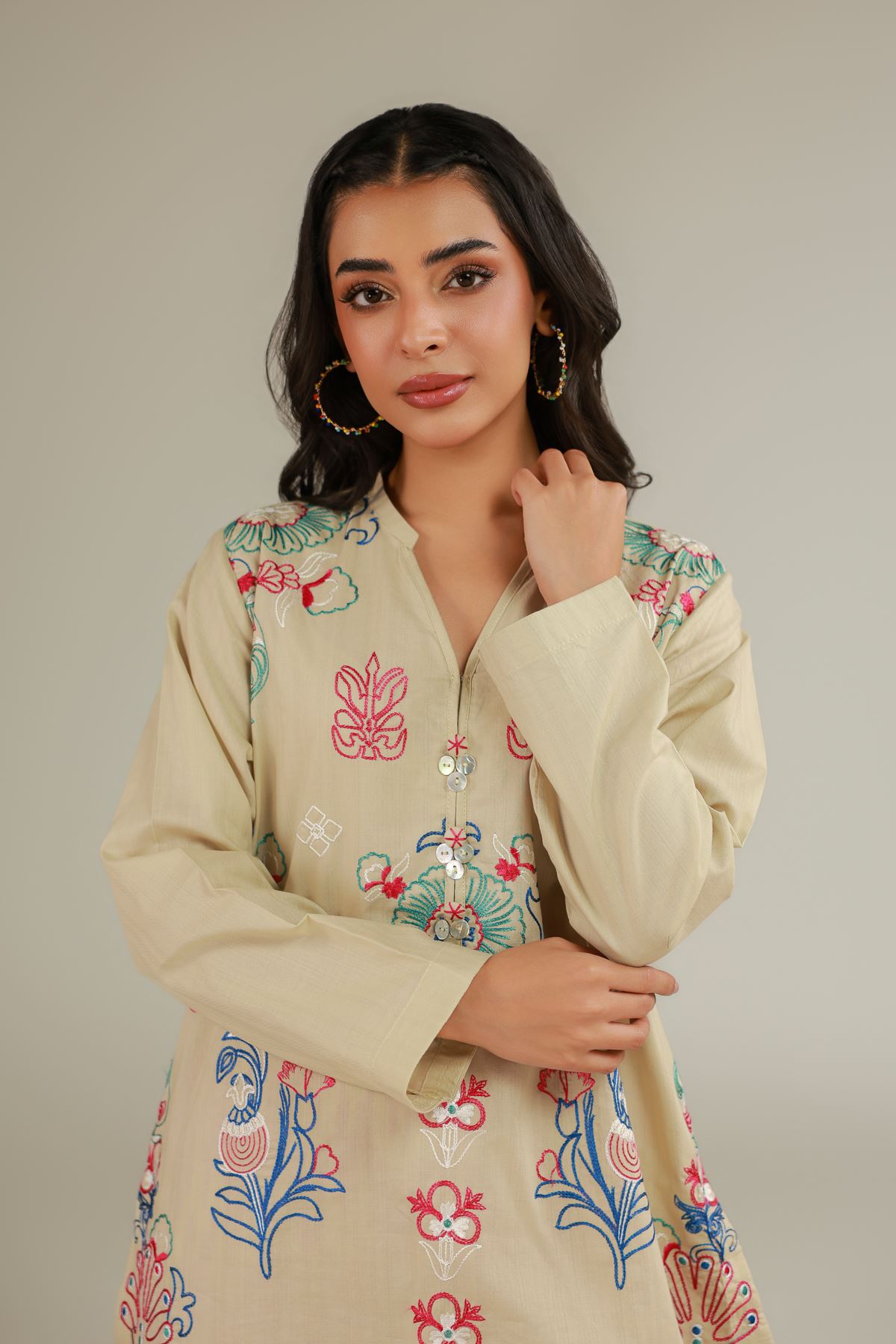 Embroidered Cotton Dobby Floral Beige Kurta - 1-26-114-A-F-VG