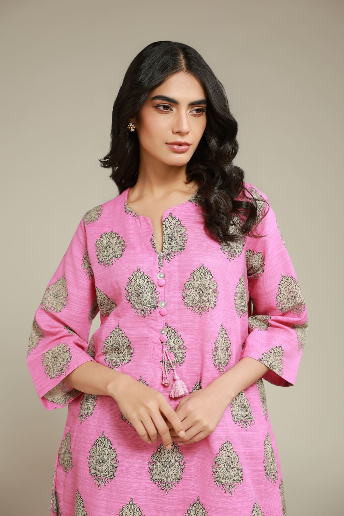 Printed Textured Cotton Mughal Motif Kurta - 25-10-12E11-07TA-VG