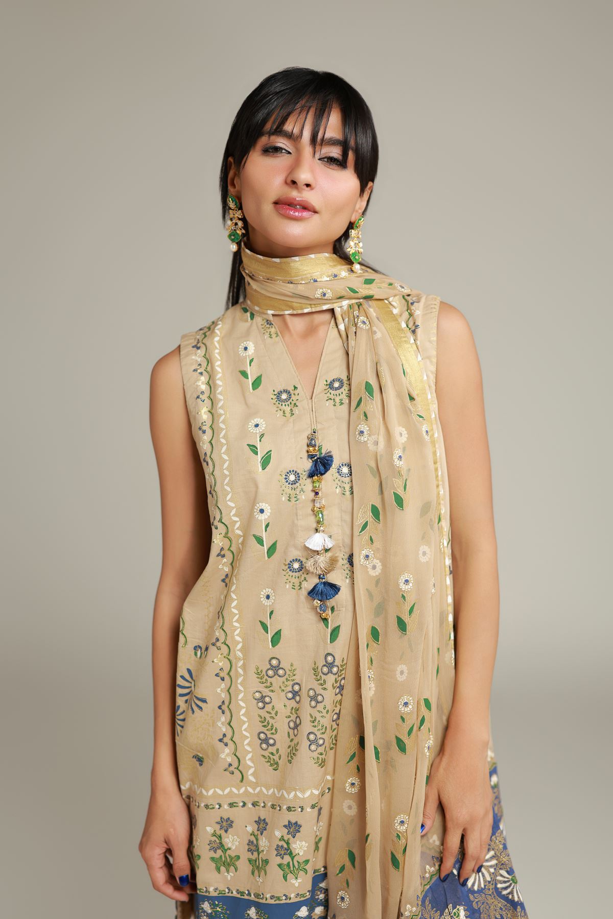 Printed Cambric Sleeveless Co-ords Set - 26-02-1E13-02TA-VG