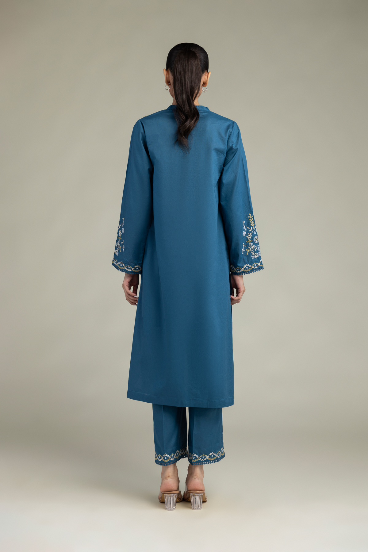Embroidered Cambric Floral Longline Kurta - 1-26-323-B-A2-VG