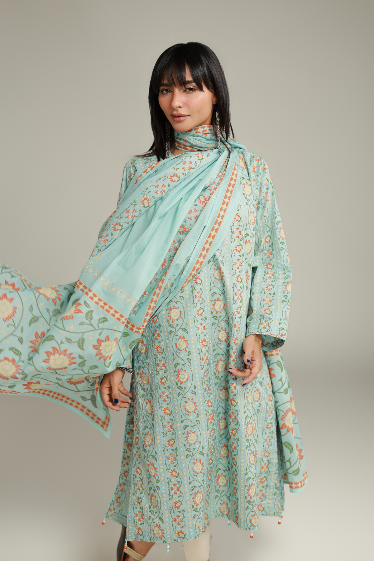 Printed Lawn Floral Pom-Pom Dupatta - 1-26-228-A-J2-VG