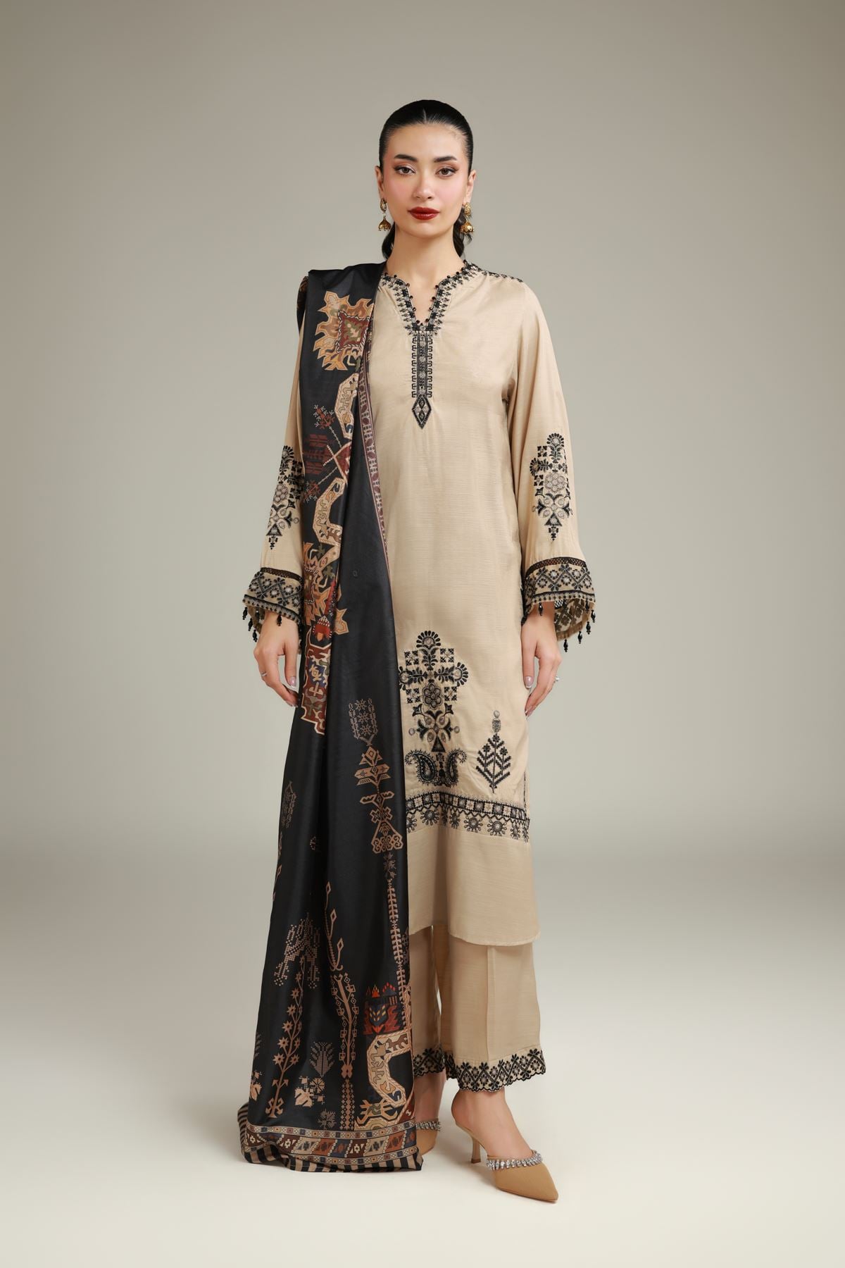 Embroidered Polyester Silk Black Printed Dupatta - 2-26-106-A-E-VG