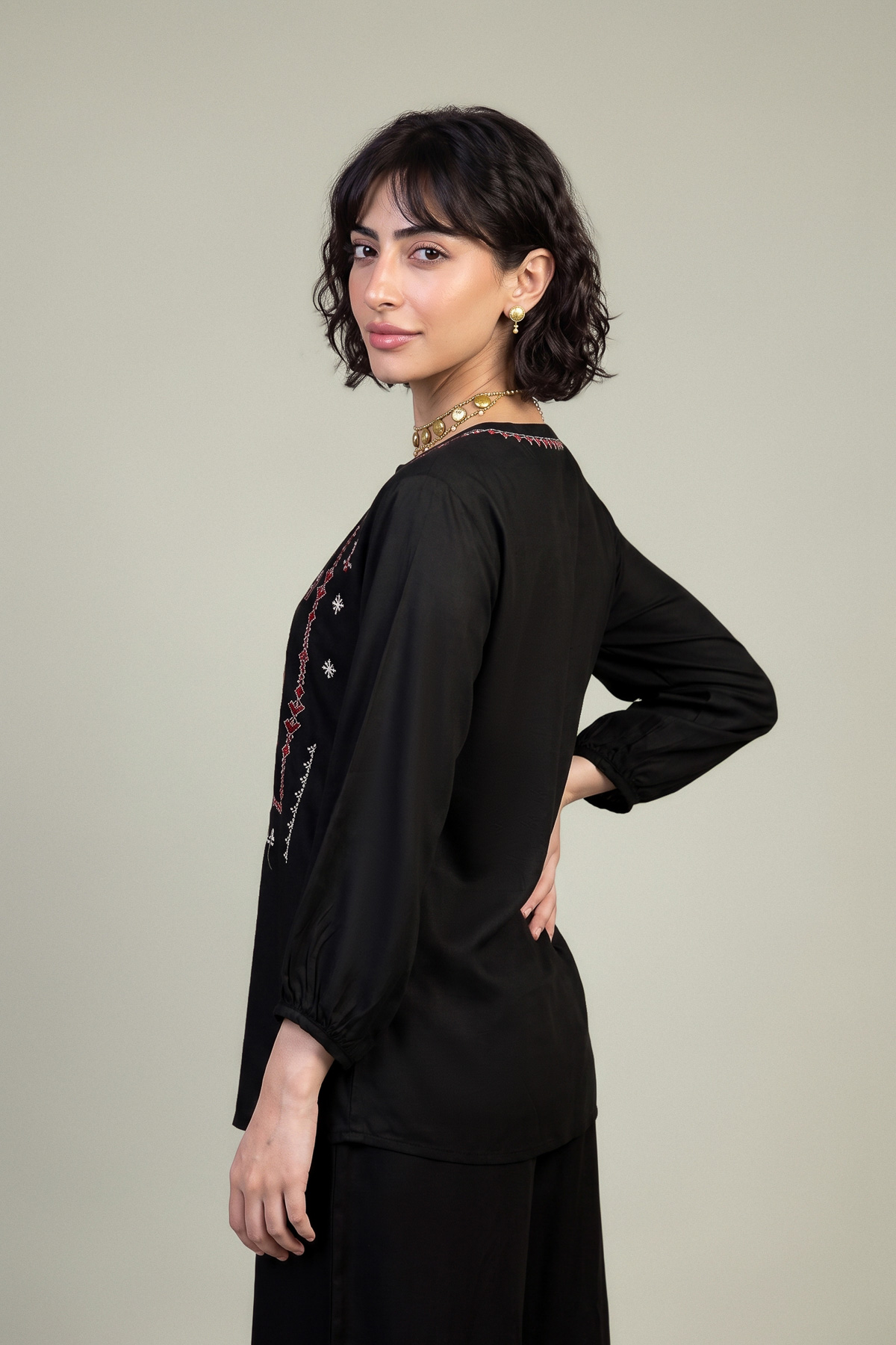 Embroidered Viscose Crepe Black V-Neck Blouse - 1-26-309-B-D1-VG