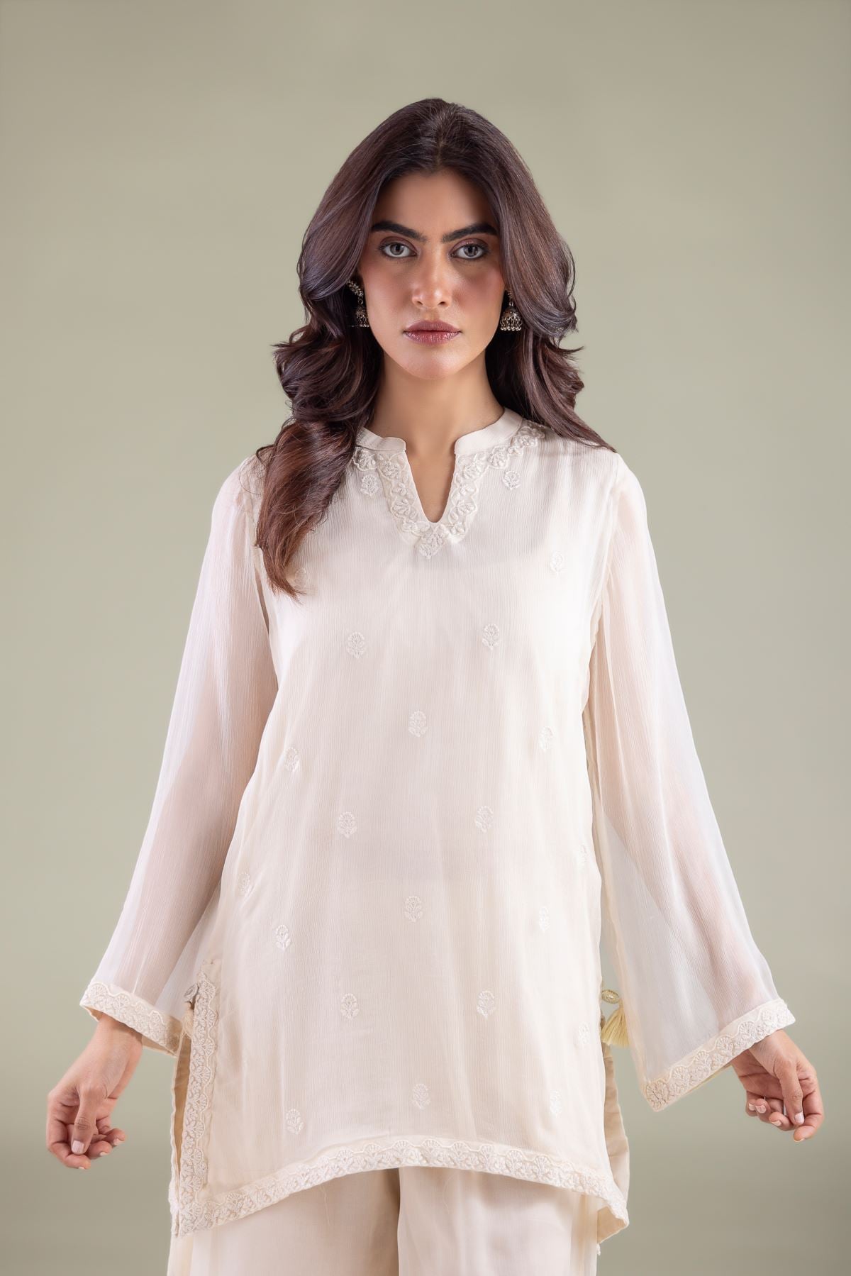 Embroidered Chiffon V-Neck Thread Kurta - R-LCP18405-VG