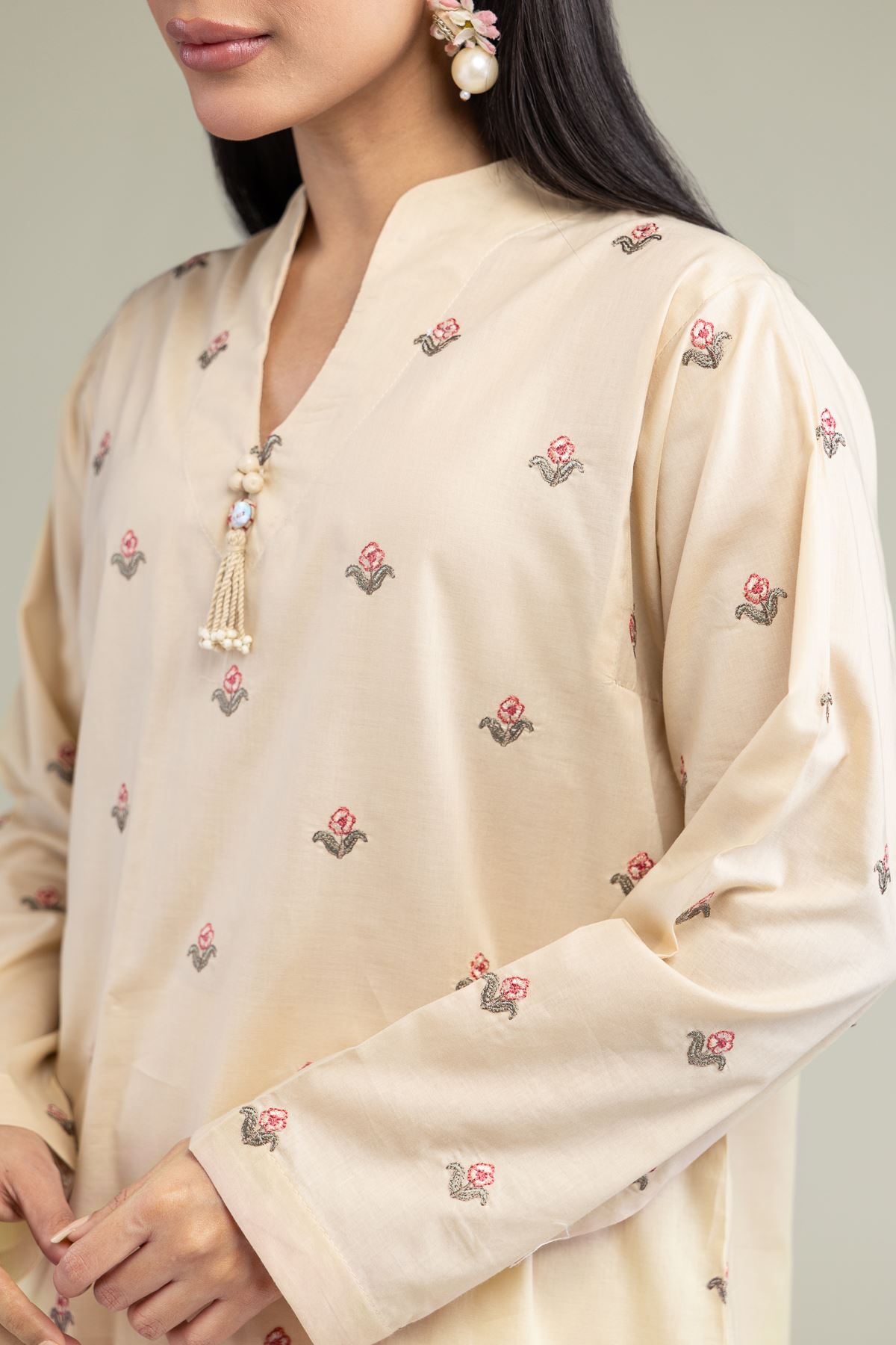 Embroidered Cambric Floral V-Neck Kurta - 1-26-247-A-G1-VG