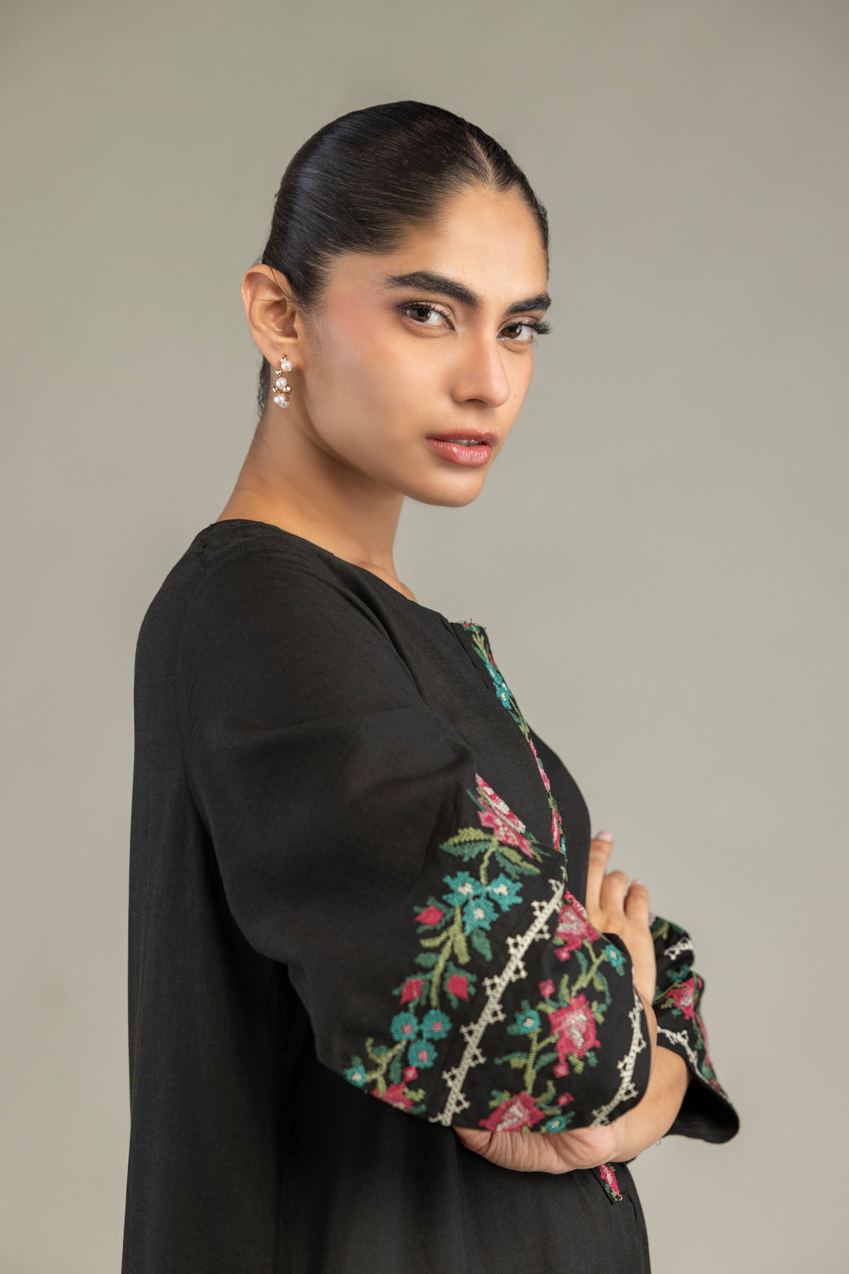 Embroidered Raw Silk Long Black Kurta - A22-26-214FH1-VG
