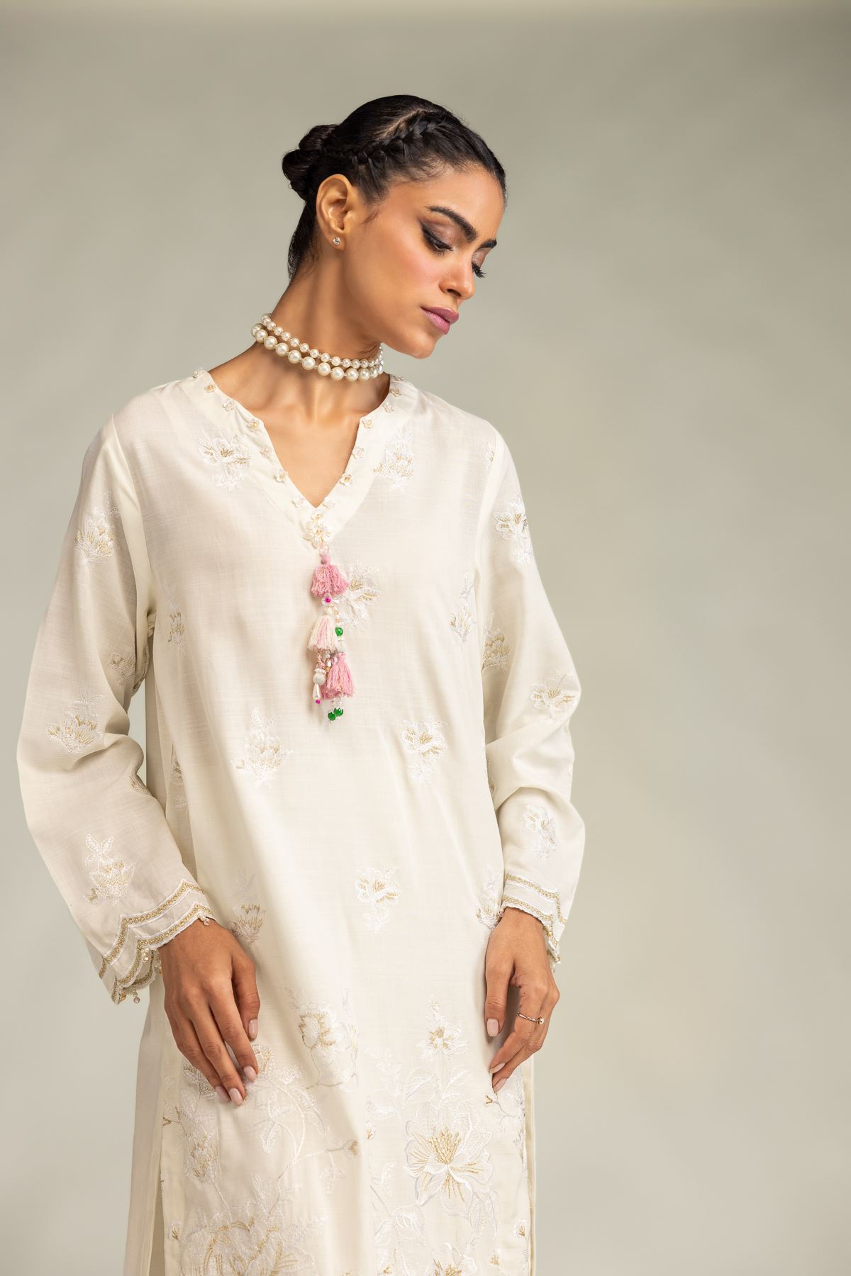 Embroidered Raw Silk Floral Longline Kurta - 1-26-322-B-A1-VG