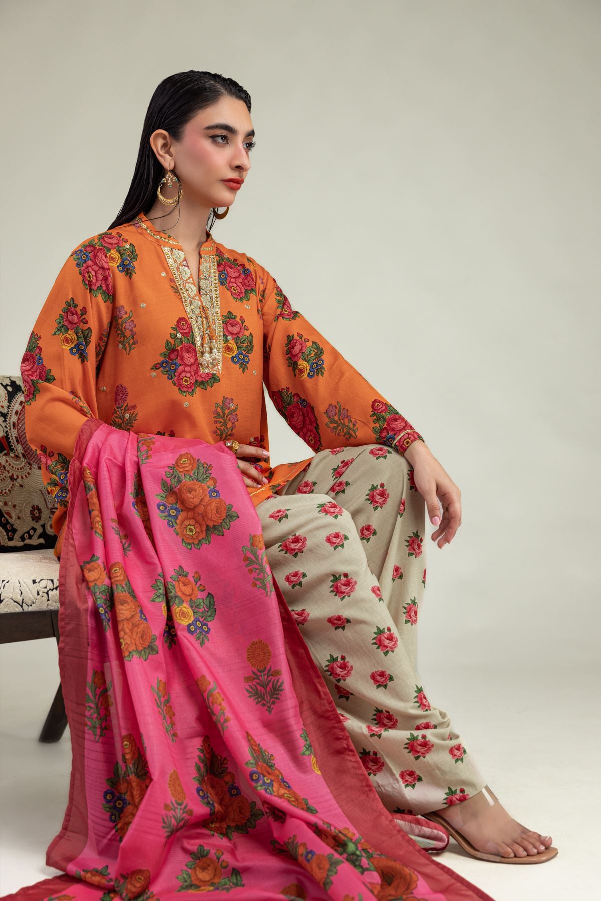 Embroidered Raw Silk Orange Floral Kurta - 1-26-221-A-G1-VG