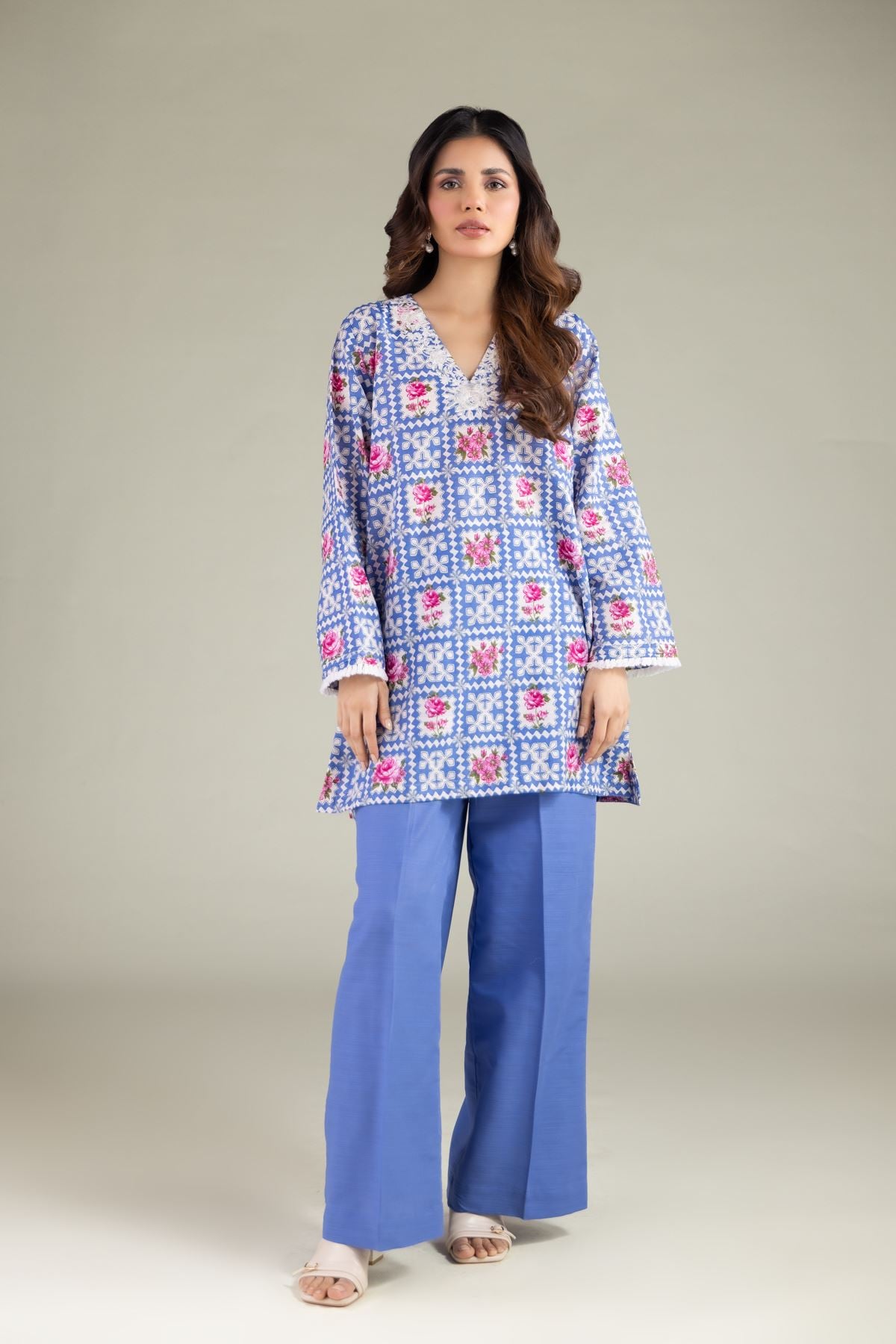 Embroidered Textured Cotton Geometric V-Neck Kurta - 1-26-108-A-F-VG