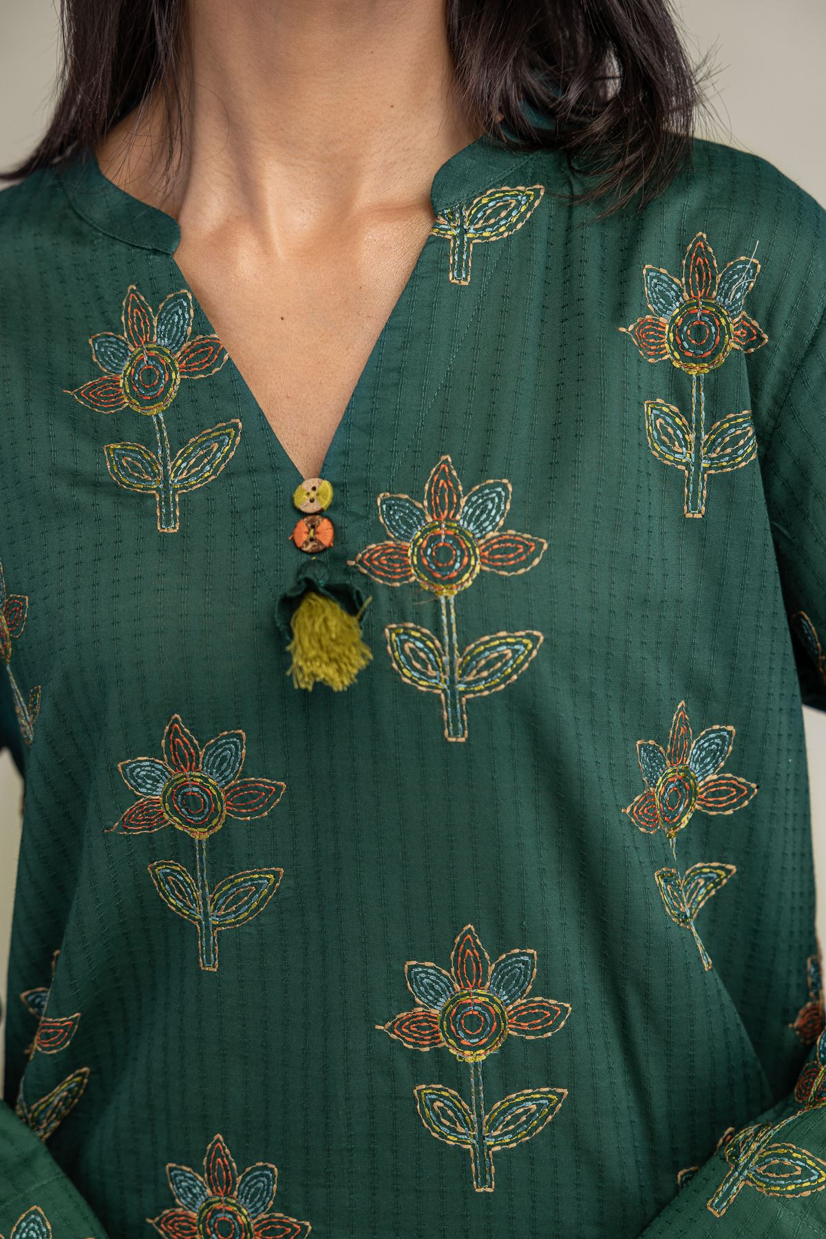 Embroidered Cotton Dobby Floral Longline Kurta - 2-26-301-B-F1-VG