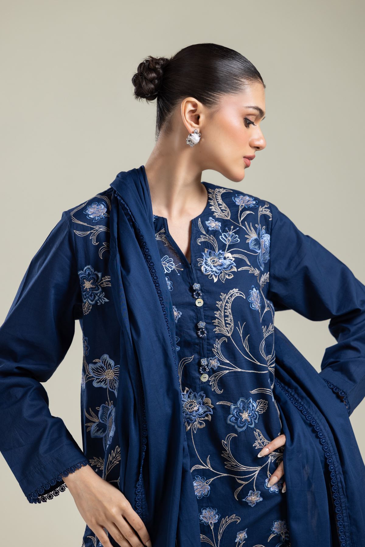 Embroidered Lawn Navy Lawn Dupatta - 1-26-139-A-F-VG