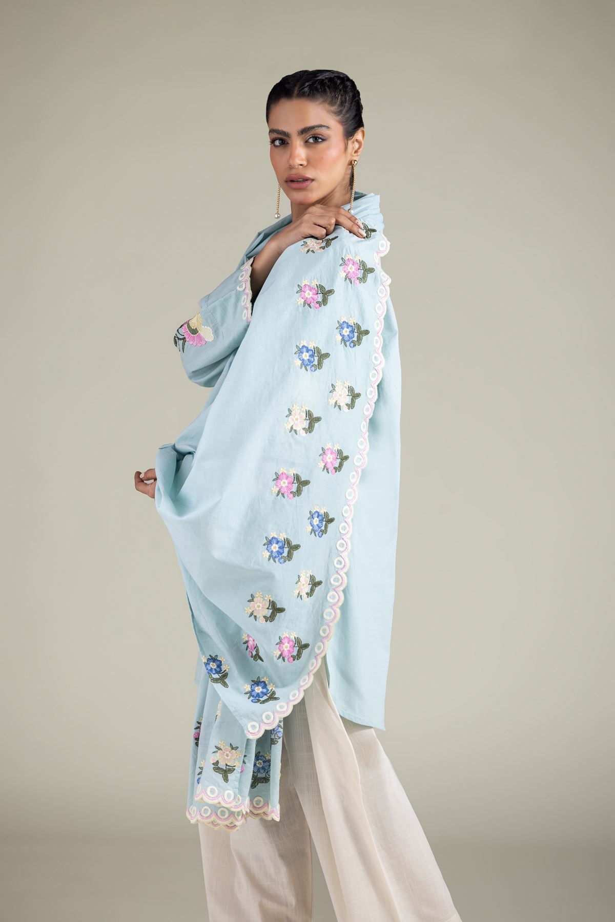 Embroidered Textured Cotton Floral Draped Dupatta - 1-26-108-A-C-VG