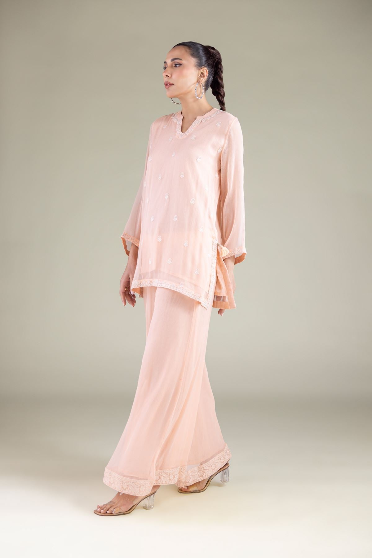 Embroidered Chiffon Floral Threadwork Kurta - 5-26-103-F-B-VG