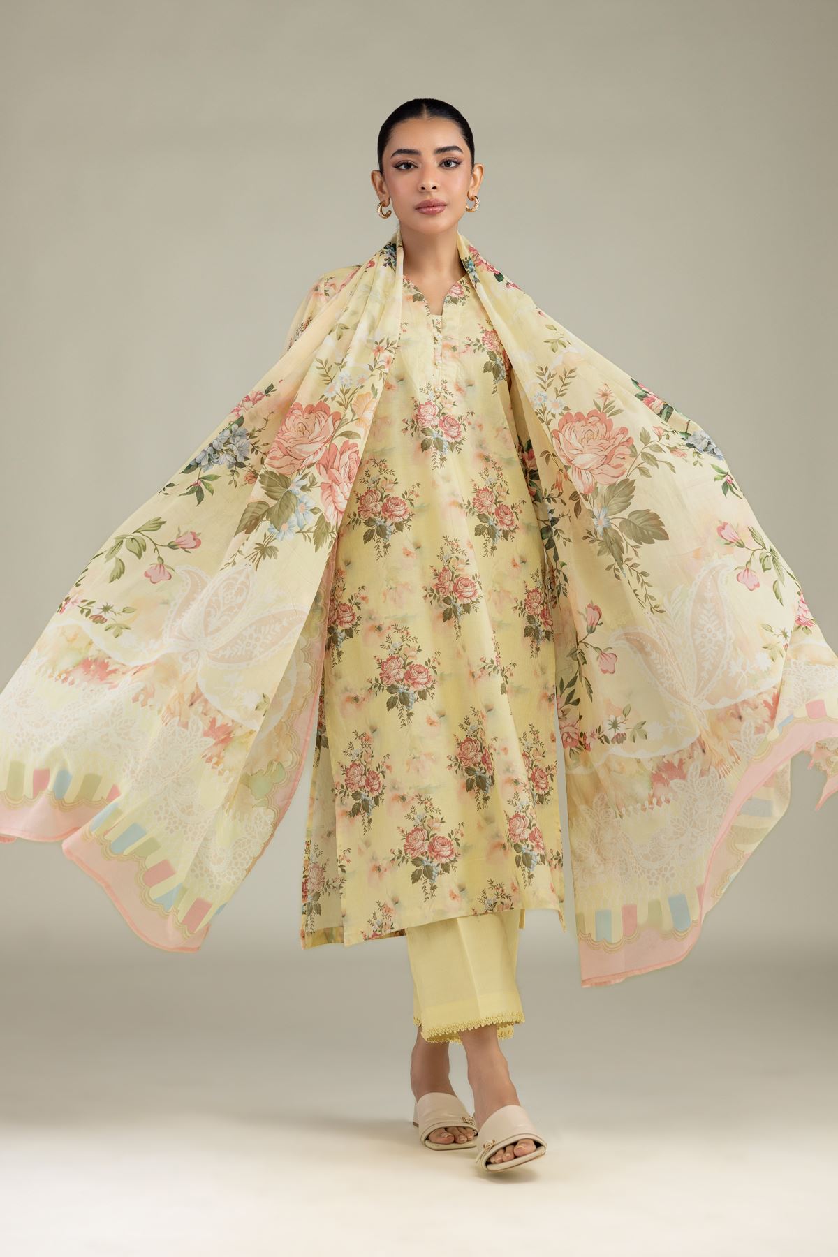 Printed Lawn Floral Lawn Dupatta - 1-26-229-C-H1-VG