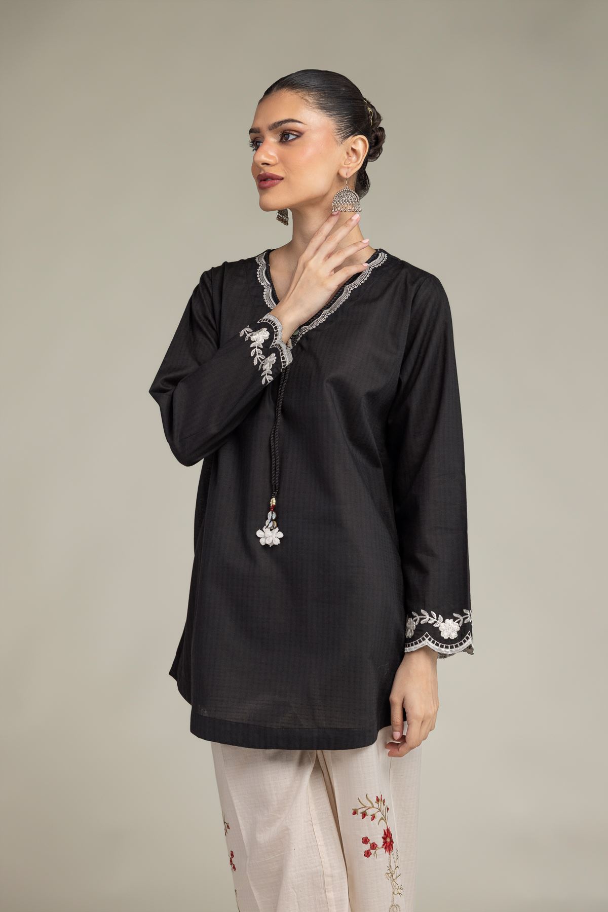 Embroidered Cotton Dobby Black V-Neck Kurta - 1-26-203-A-H1-VG