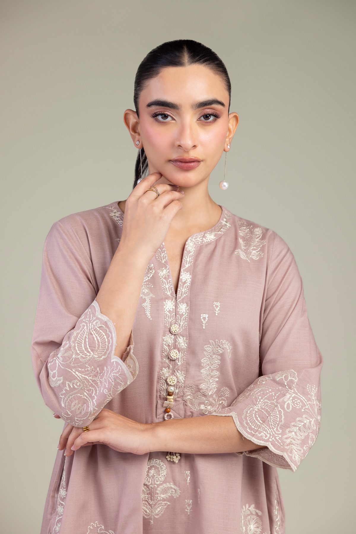 Embroidered Raw Silk V-Neck Pink Kurta - 1-26-309-B-D1-VG