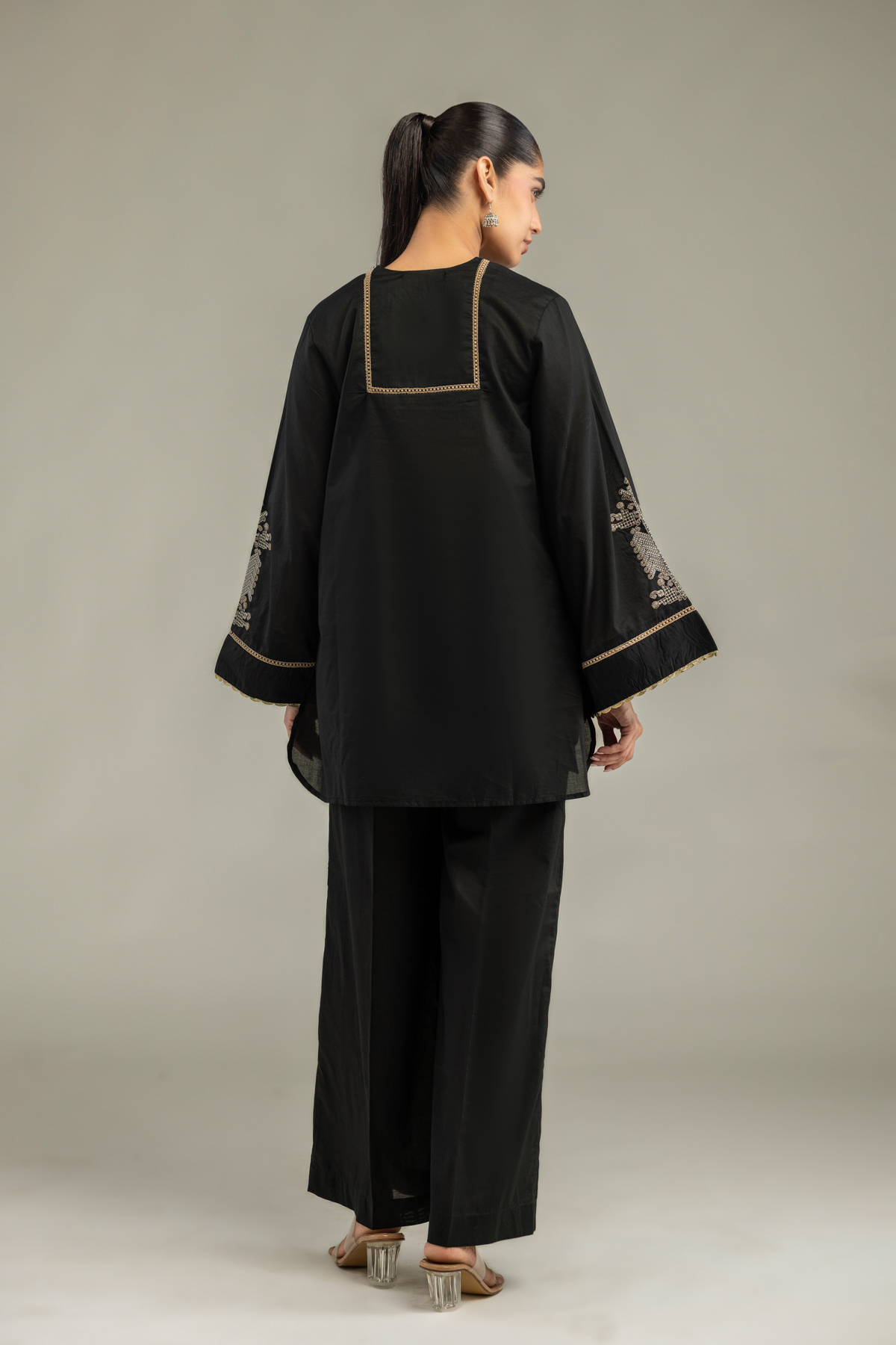 Embroidered Cambric V-Neck Black Kurta - 1-26-102-A-F-VG
