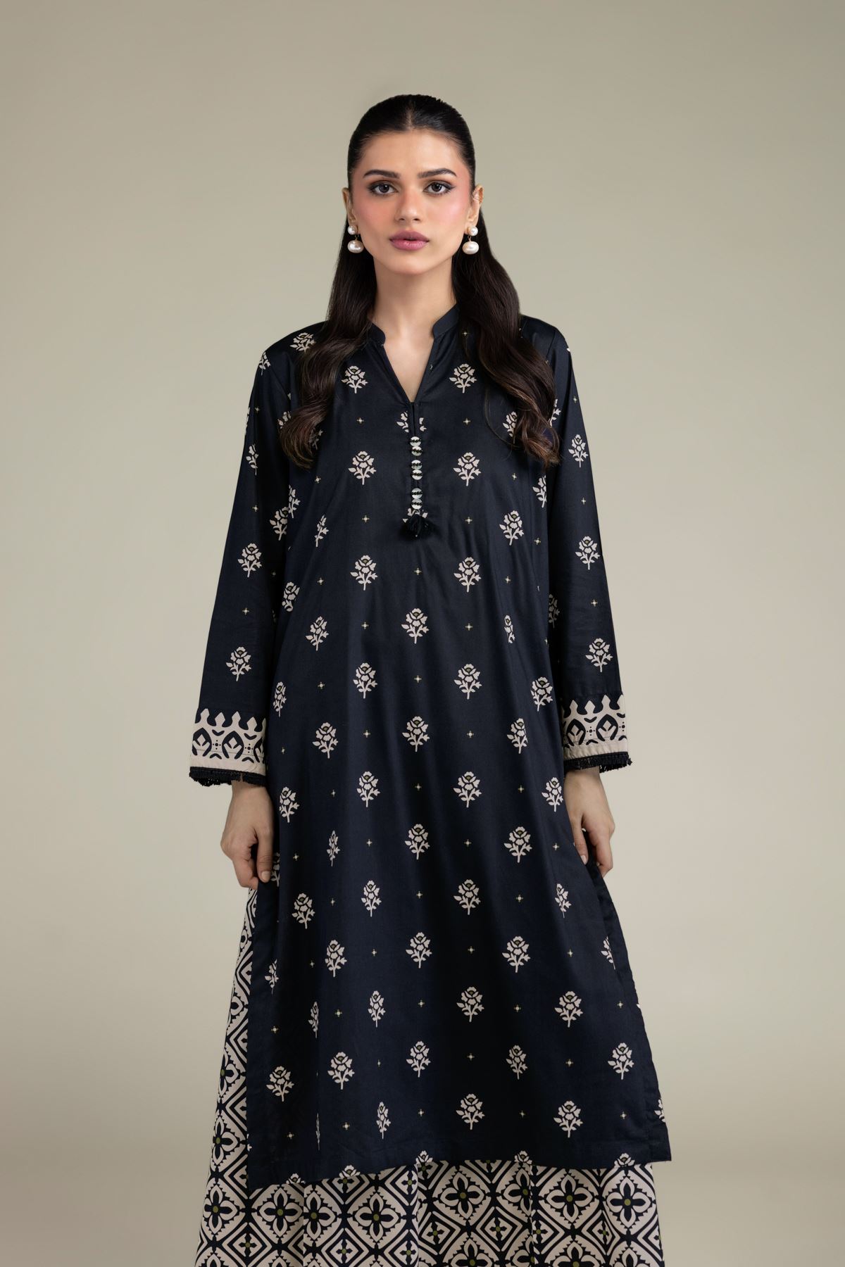 Printed Cotton Viscose Long V-Neck Kurta - 2-26-206-B-B1-VG