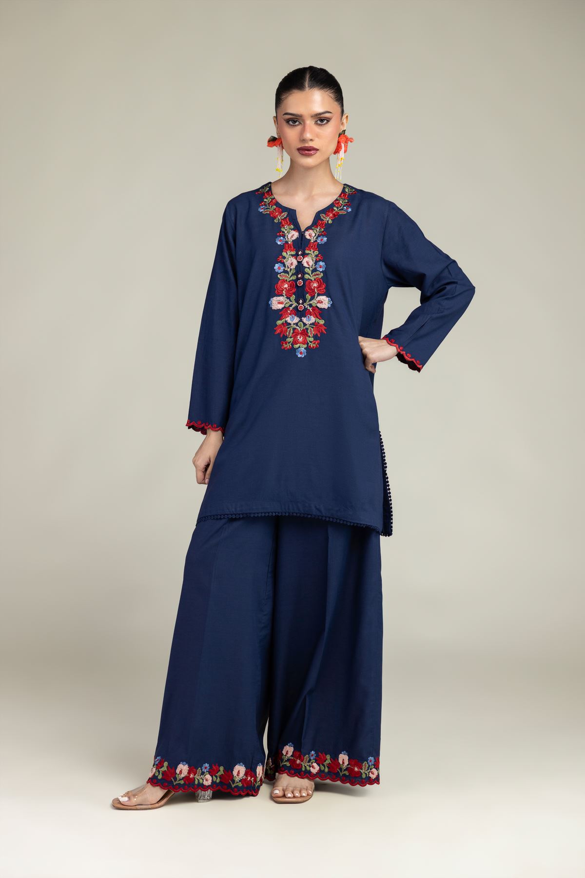 Embroidered Raw Silk Navy Floral Pants - 1-26-203-A-E1-VG