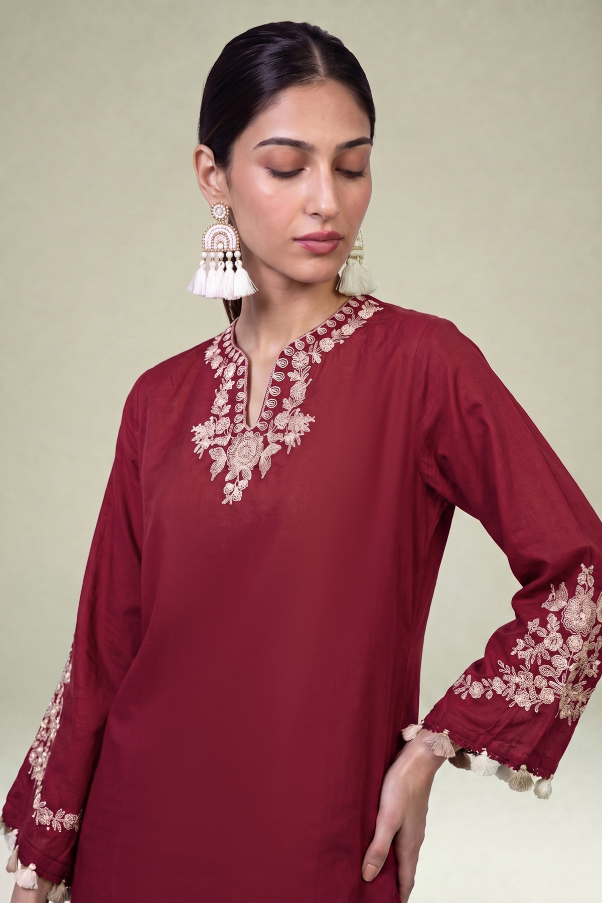 Embroidered Cambric Maroon V-Neck Kurta - 1-26-229-B-F1-VG